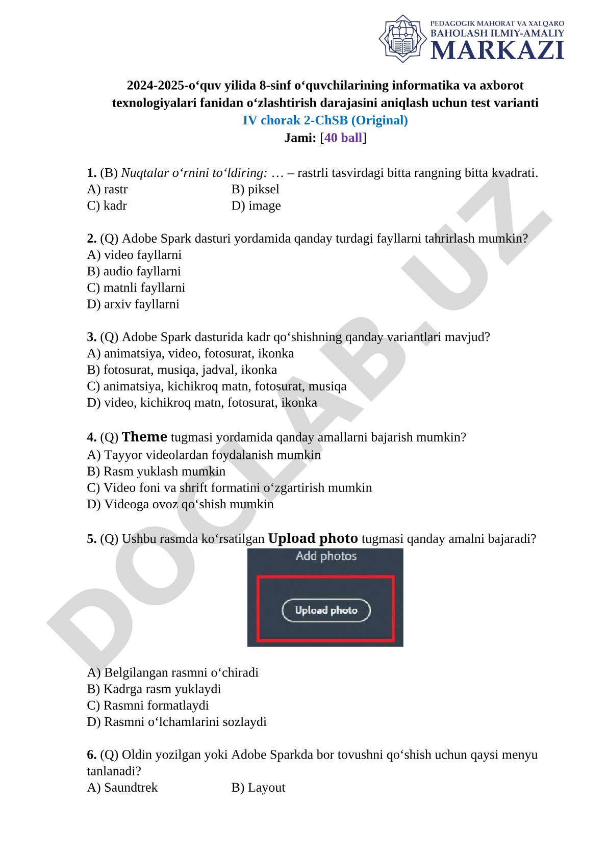 8-sinf informatika va axborot texnologiyalari fanidan IV chorak 2-ChSB test