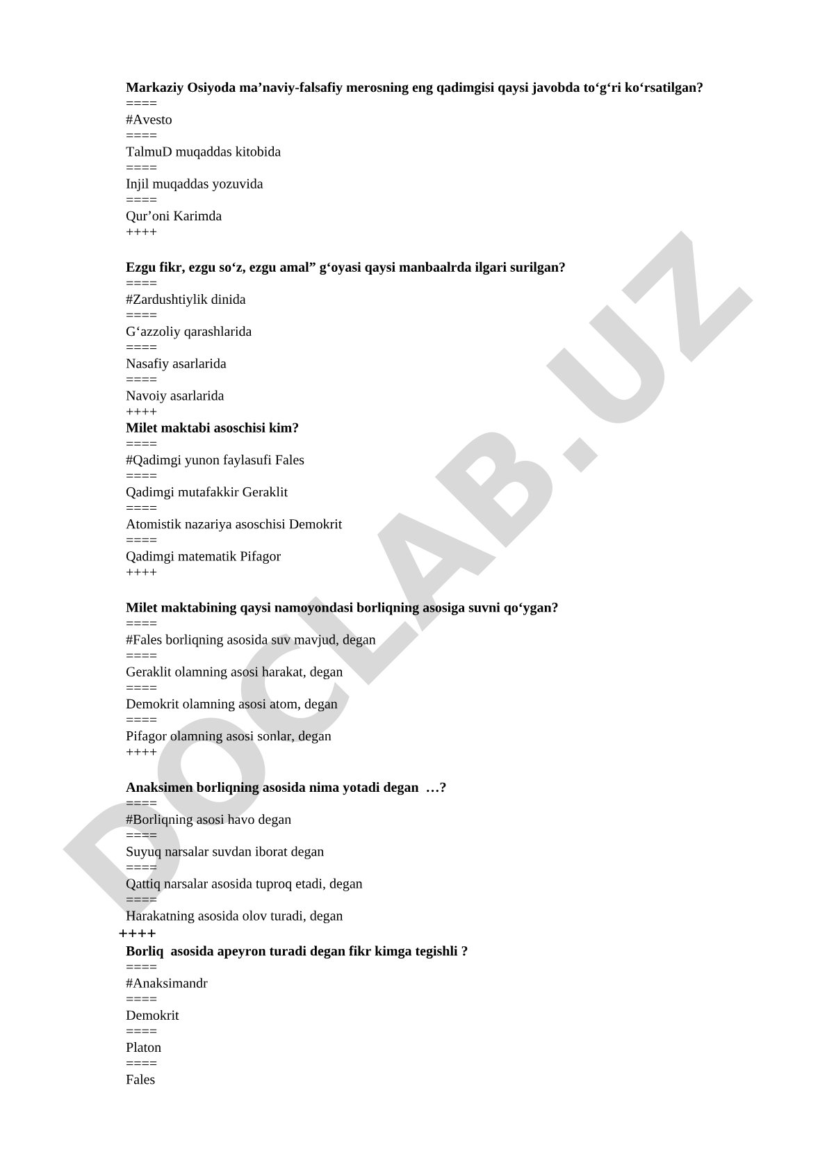 Falsafa tarixidan test savollari