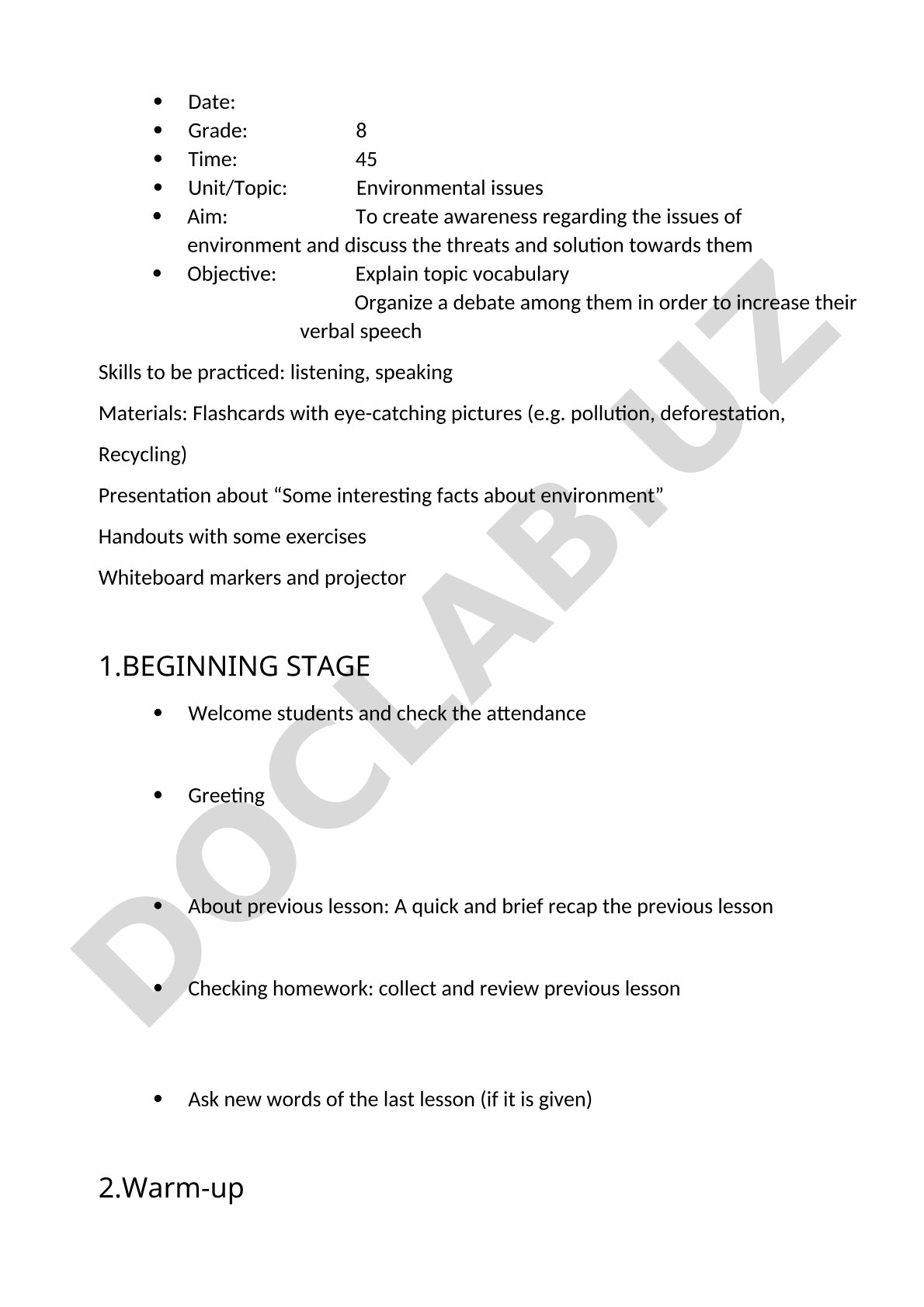 Lesson plan on environmental issues, including objectives, activities, and materials for