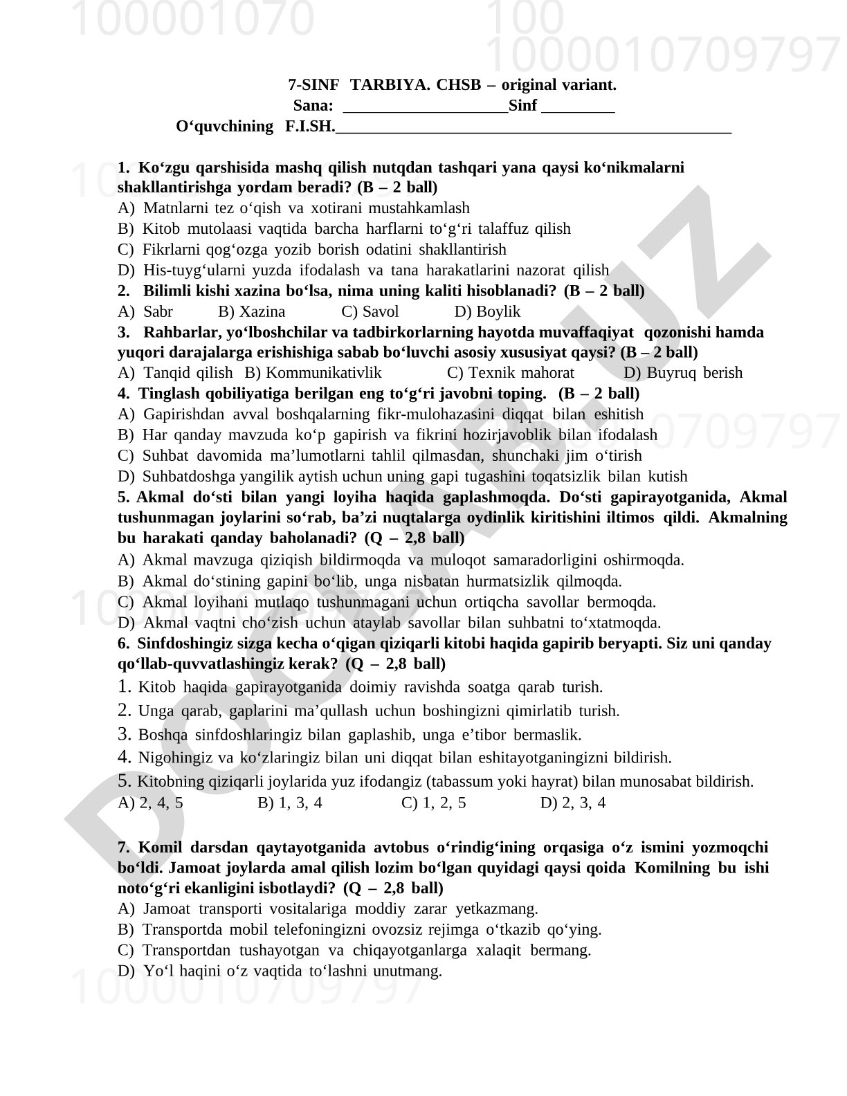 7-sinf Tarbiya CHSB test savollari