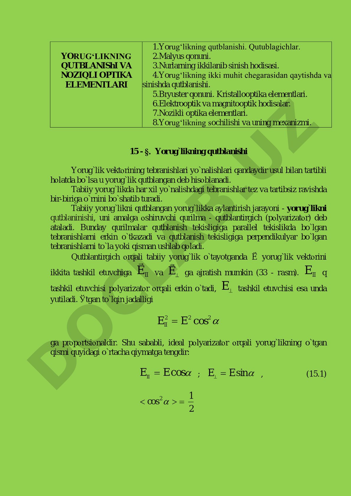 Yorug'likning qutblanishi va nozikli optika elementlari
