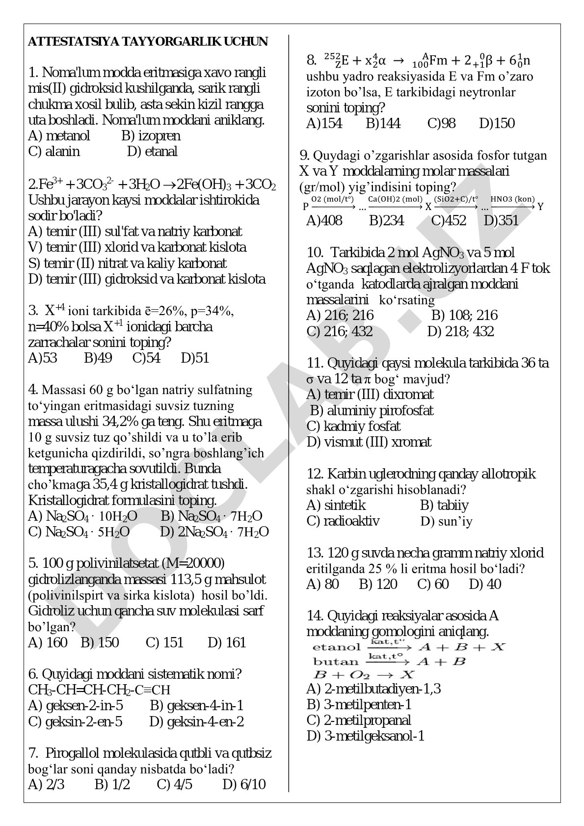 Kimyodan attestatsiya tayyorgarlik test savollari
