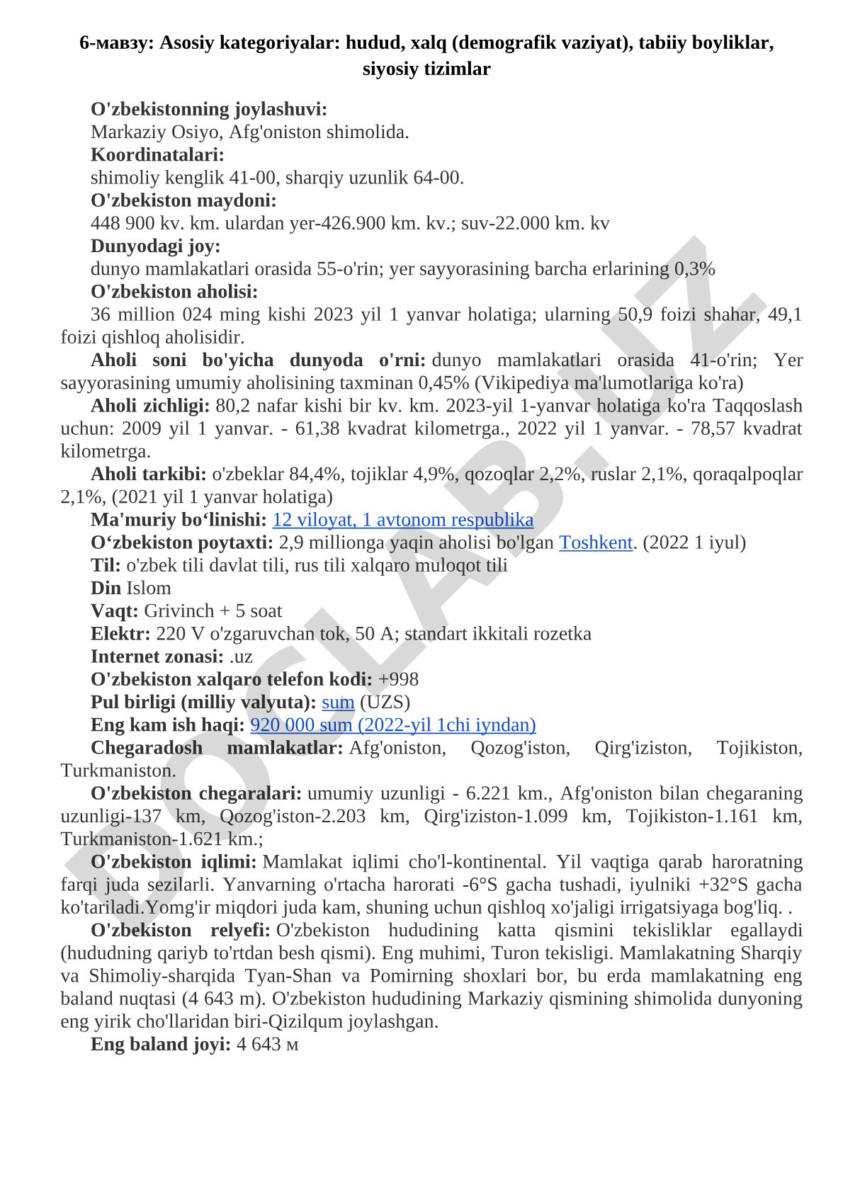 Asosiy kategoriyalar: hudud, xalq (demografik vaziyat), tabiiy boyliklar, siyosiy tizimlar