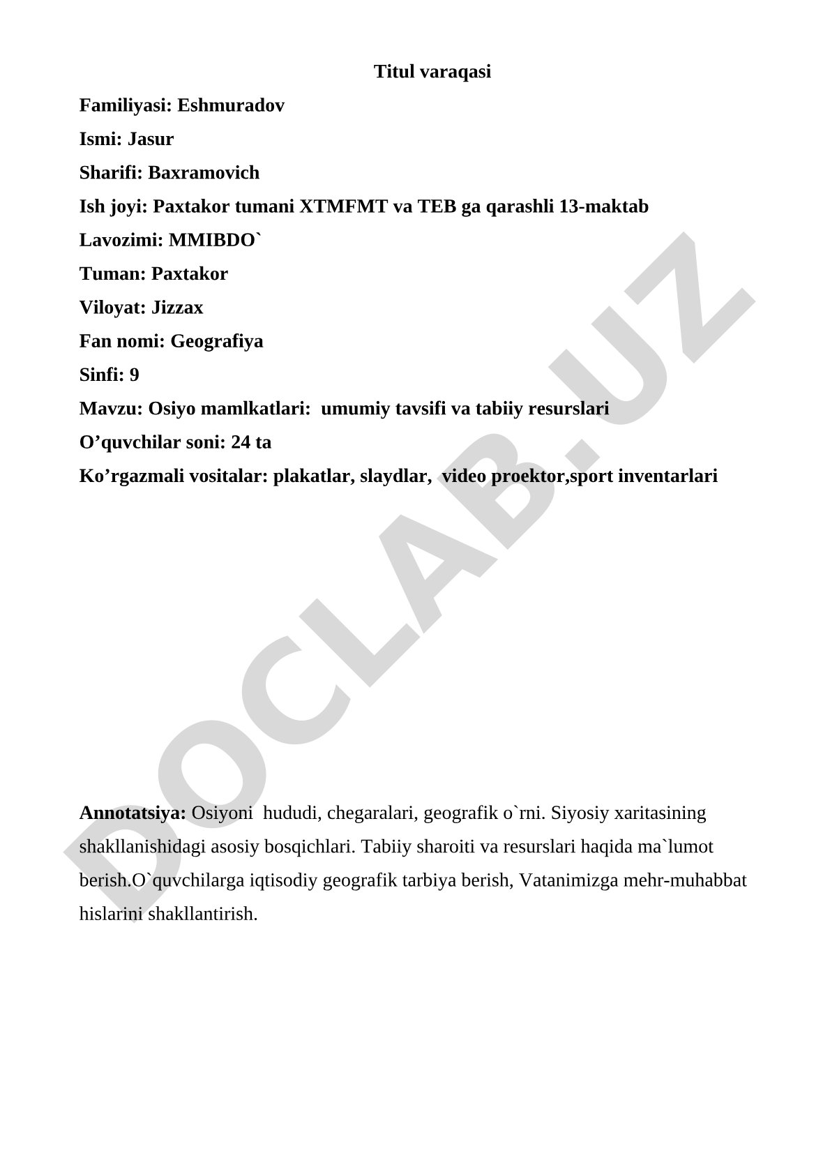 Osiyo mamlkatlari: umumiy tavsifi va tabiiy resurslari