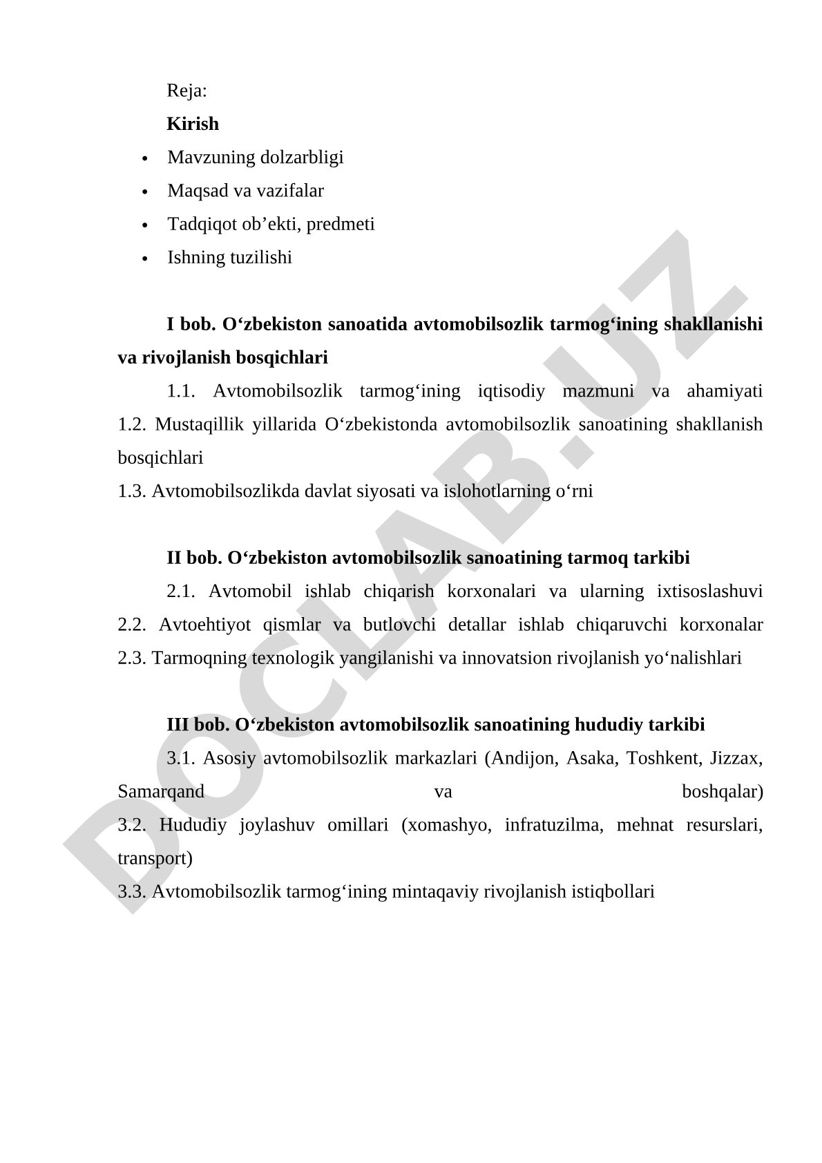 O‘zbekiston avtomobilsozlik sanoatining shakllanishi, tarmoq va hududiy tarkibi