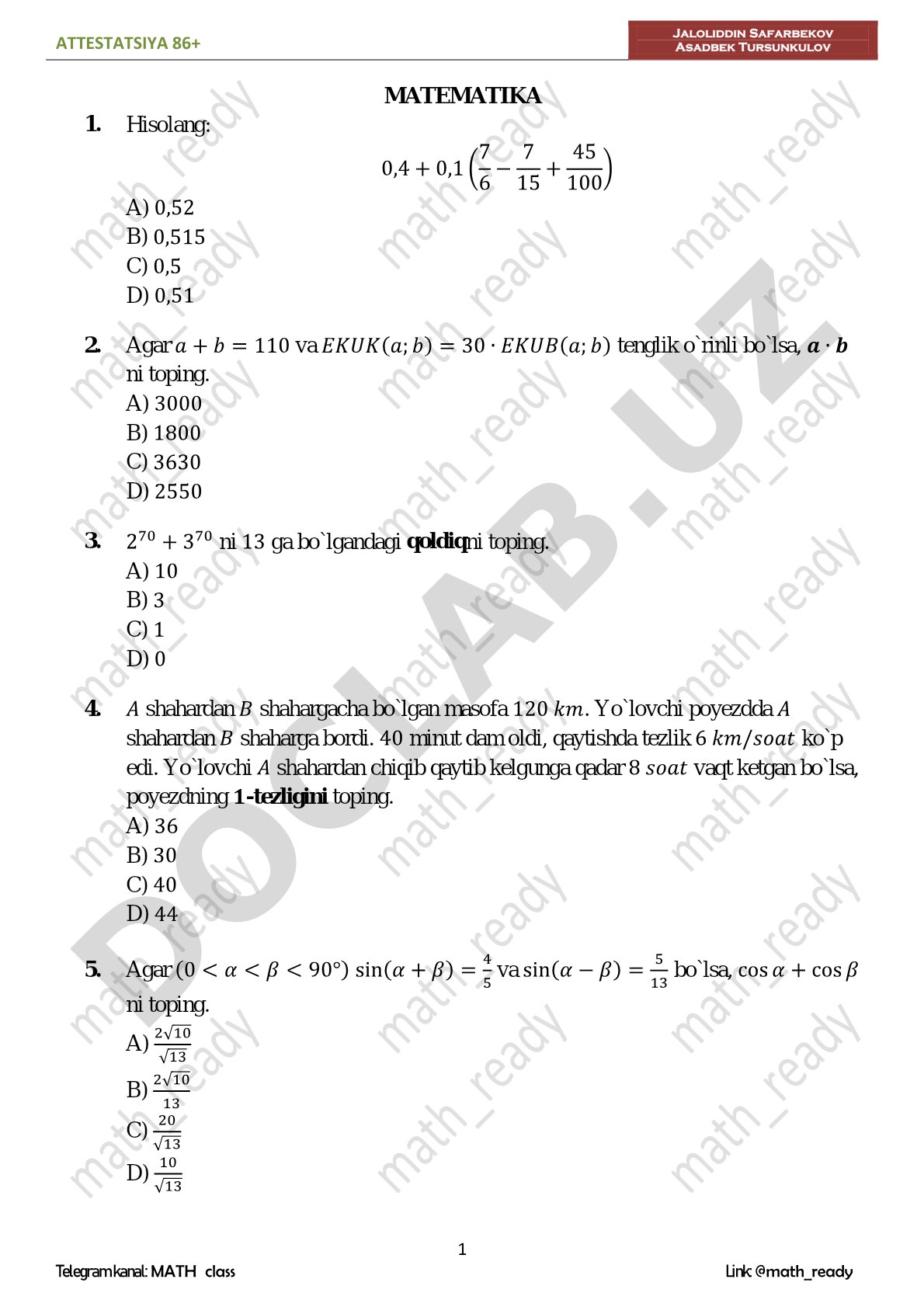 Matematika attestatsiyaga tayyorgarlik testlari