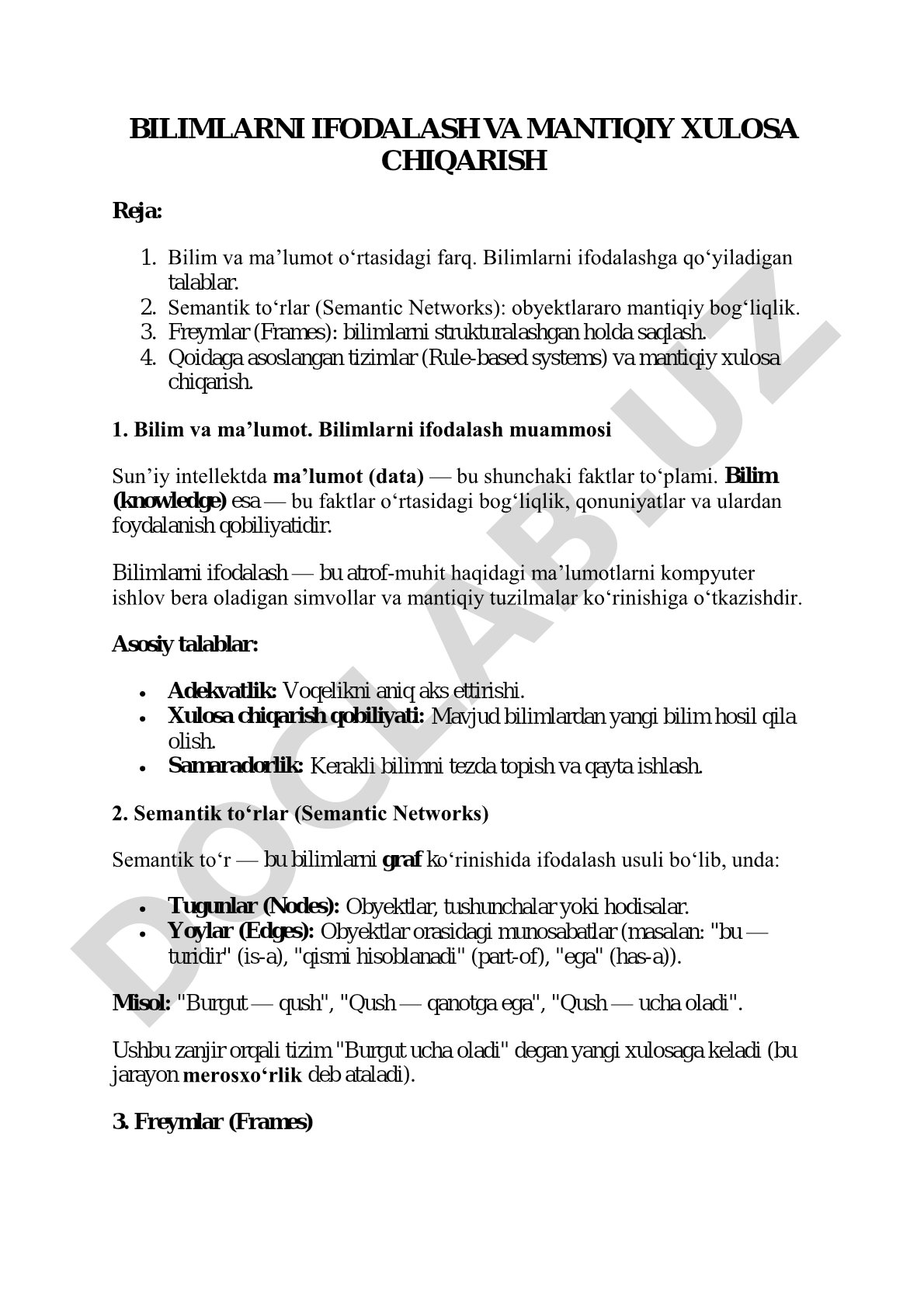 Bilimlarni ifodalash va mantiqiy xulosa chiqarish