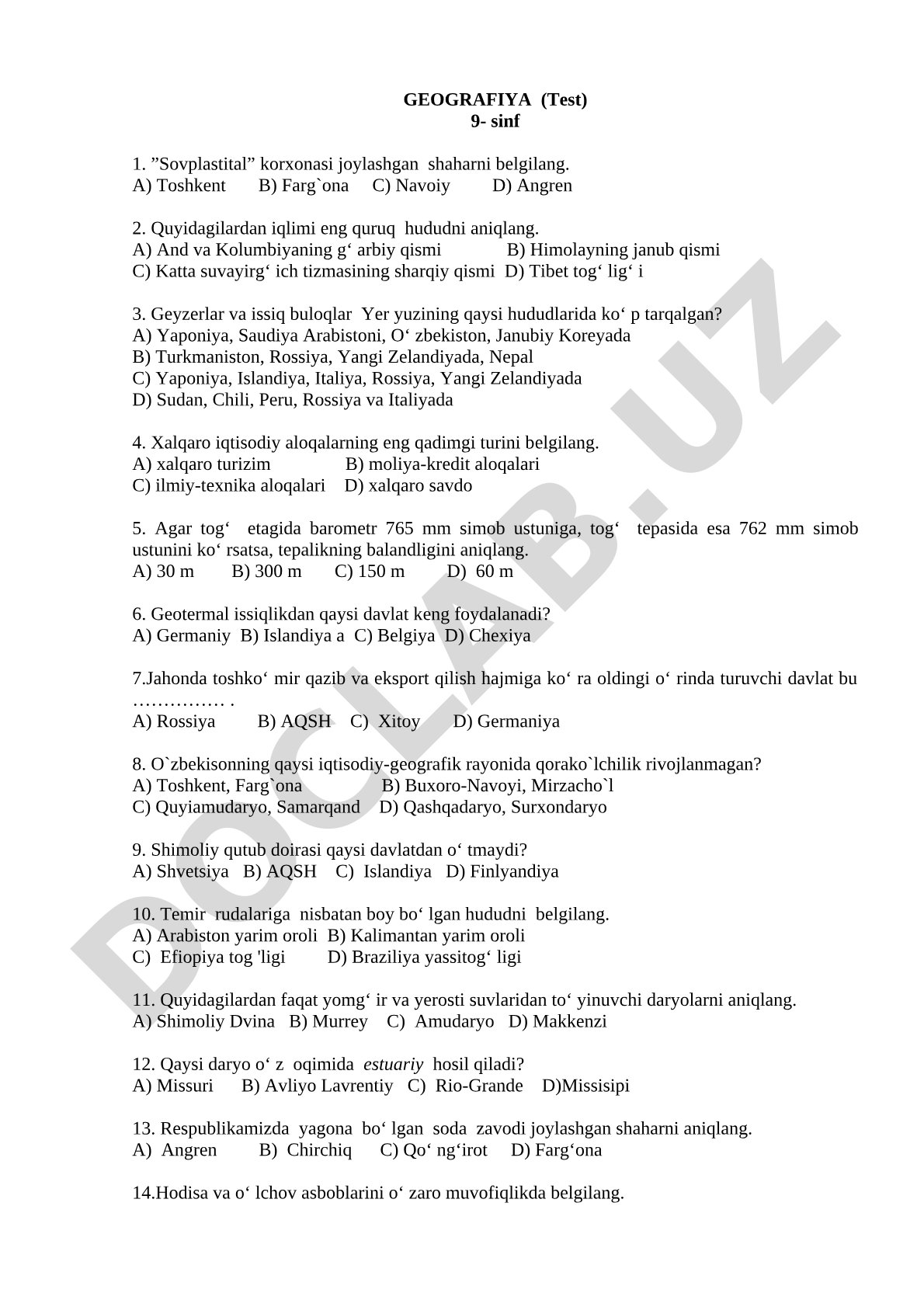 Geografiya 9-sinf testi