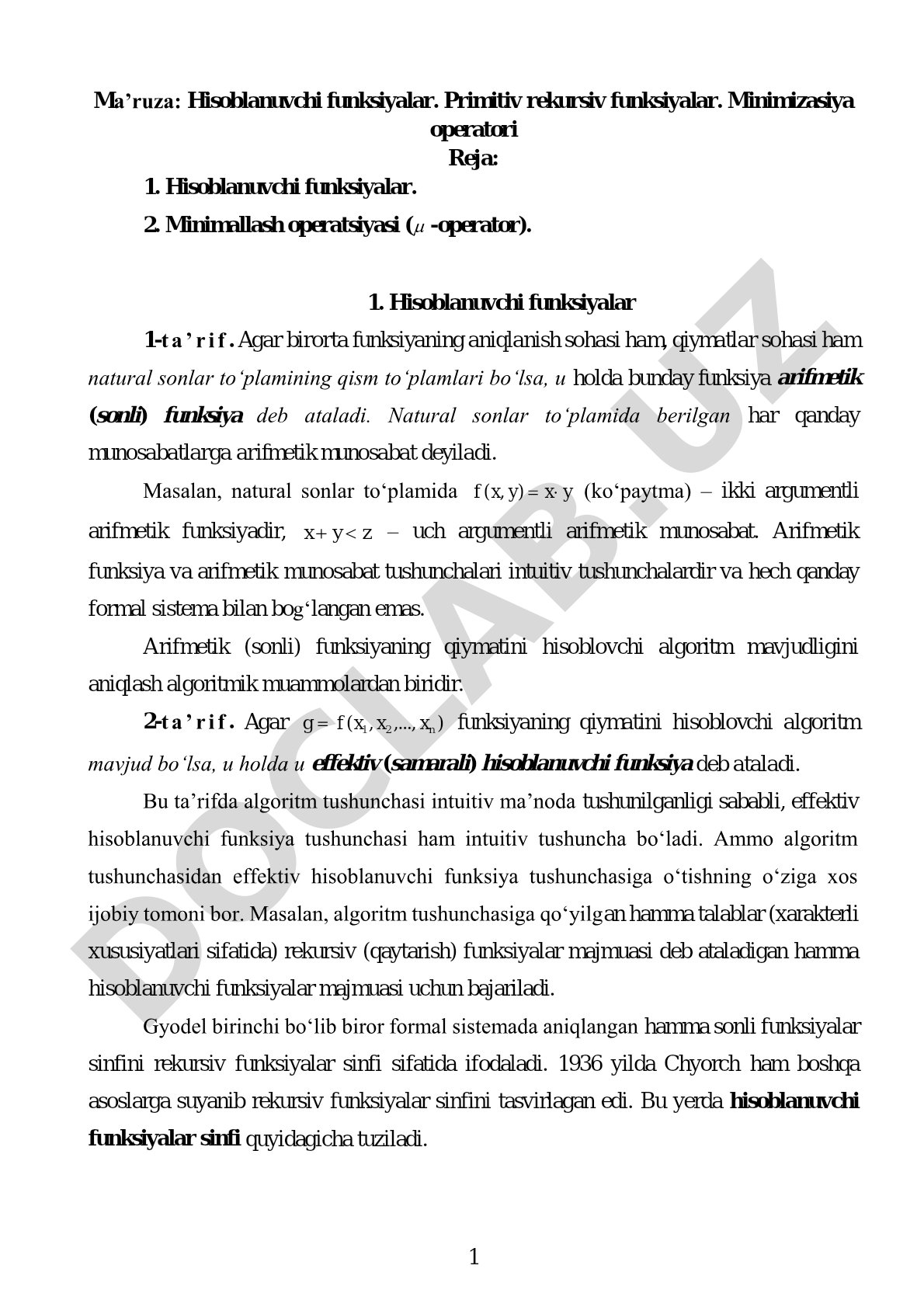 Hisoblanuvchi funksiyalar. Primitiv rekursiv funksiyalar. Minimizasiya operatori