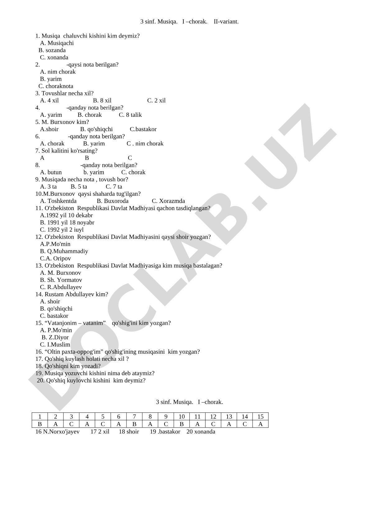 3-sinf Musiqa I-chorak II-variant