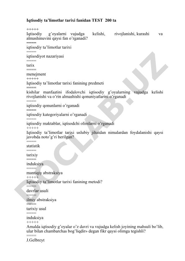 Iqtisodiy ta’limotlar tarixi fanidan test savollari