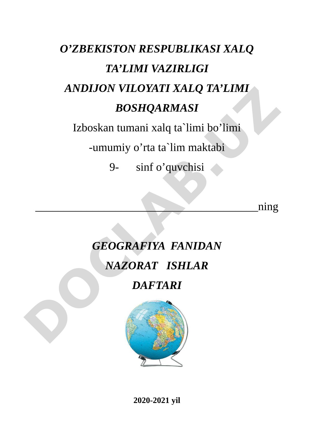 9-sinf geografiya fanidan nazorat ishlar daftari