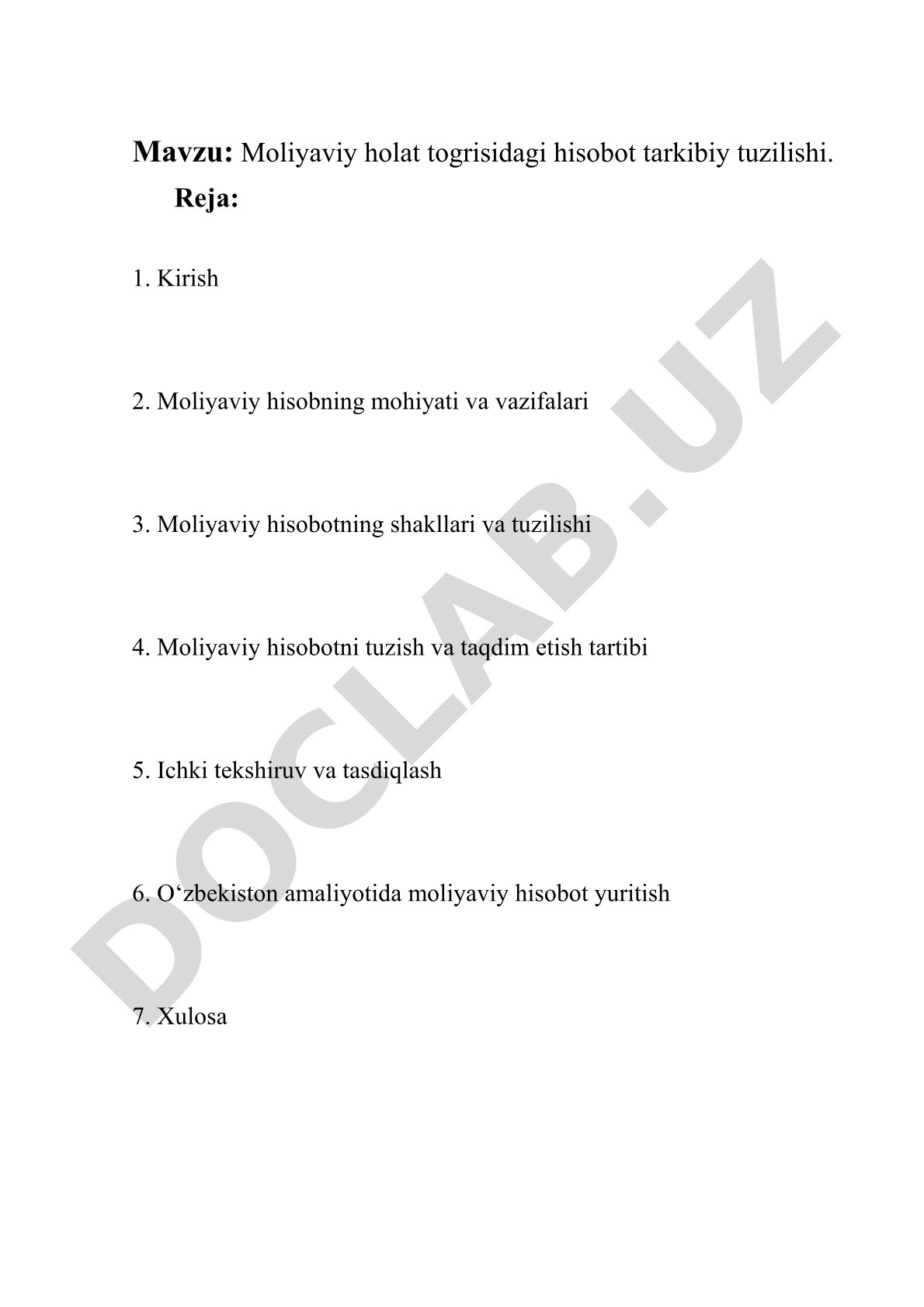Moliyaviy holat togrisidagi hisobot tarkibiy tuzilishi