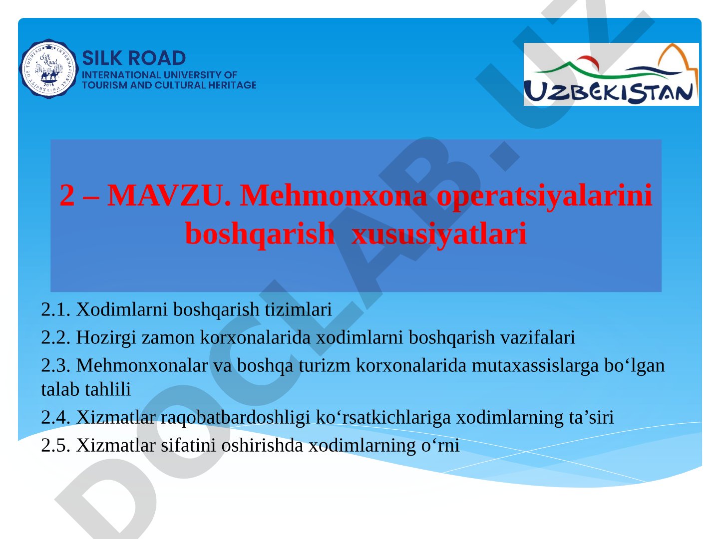 Mehmonxona operatsiyalarini boshqarish xususiyatlari