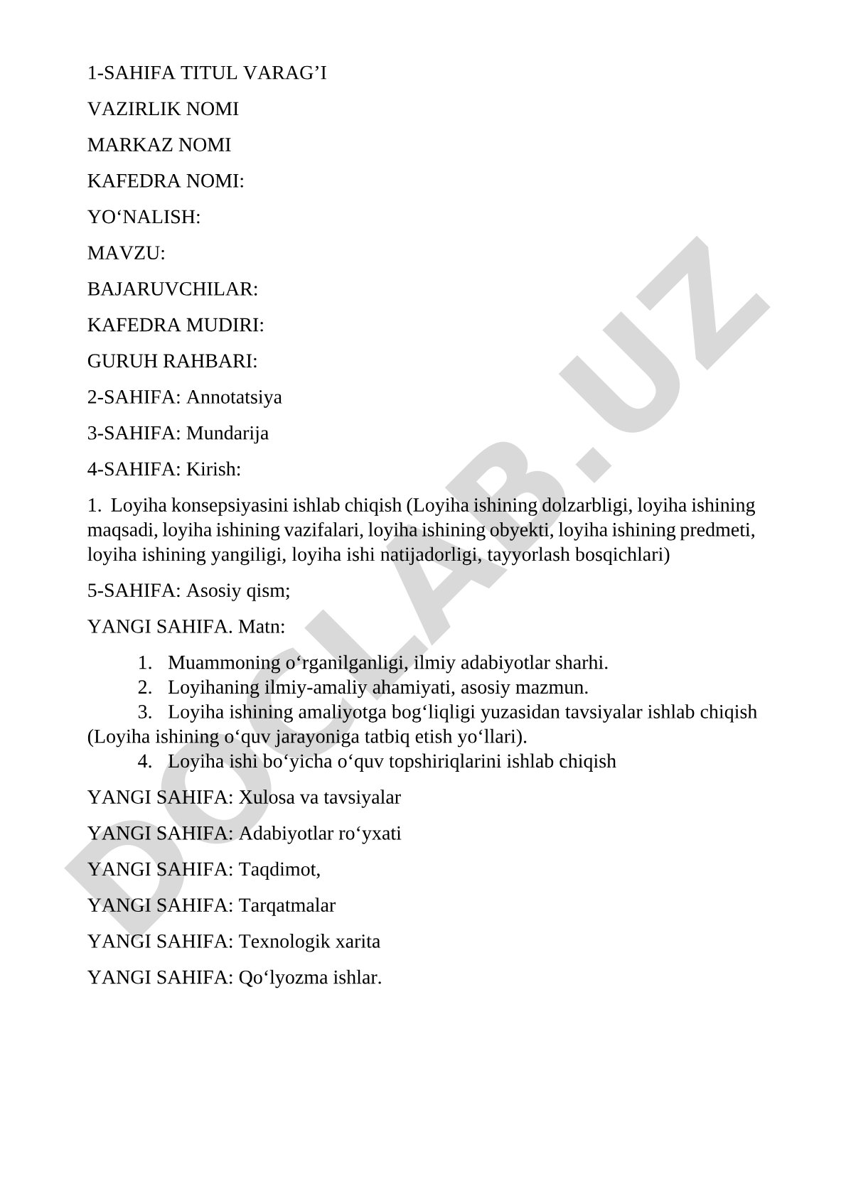 Loyiha ishini tayyorlash bo'yicha namunaviy tuzilma