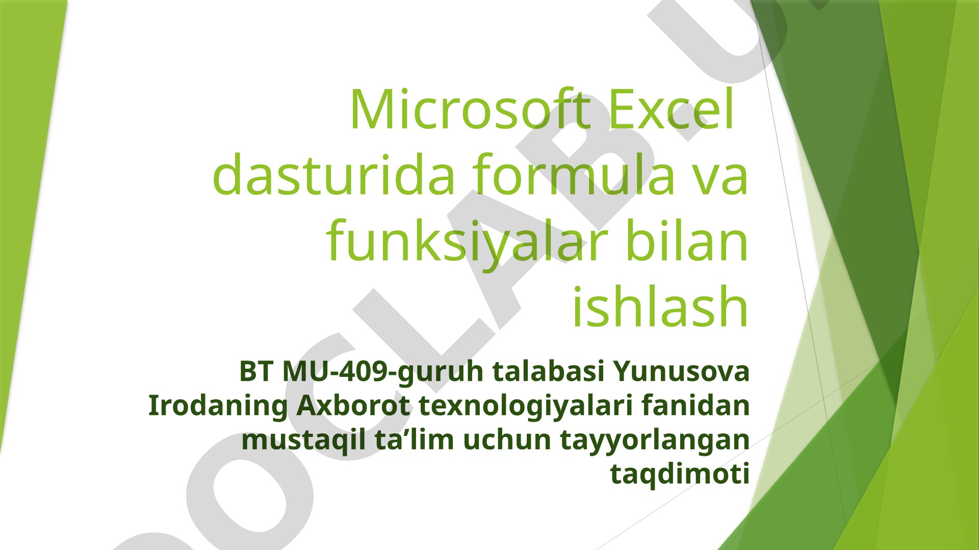 Microsoft Excel dasturida formula va funksiyalar bilan ishlash