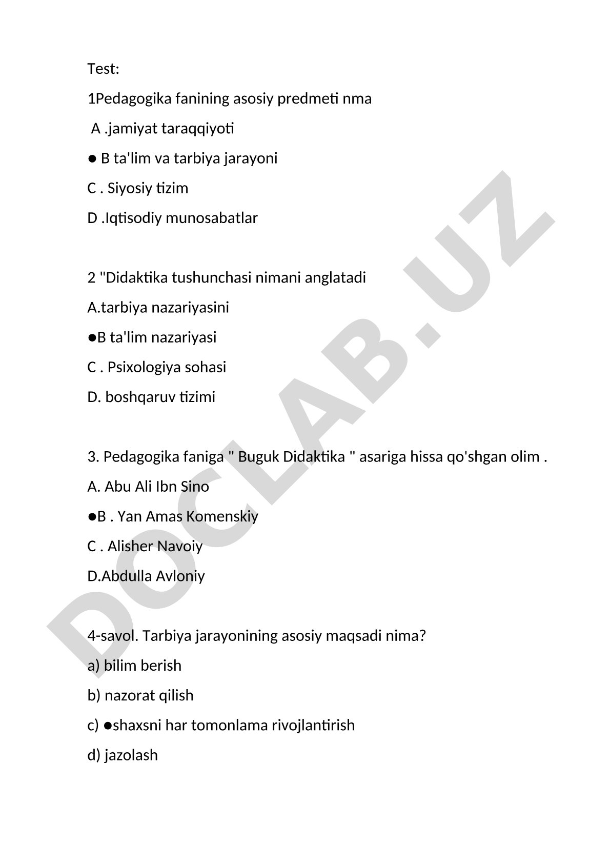 Pedagogika fanidan test savollari