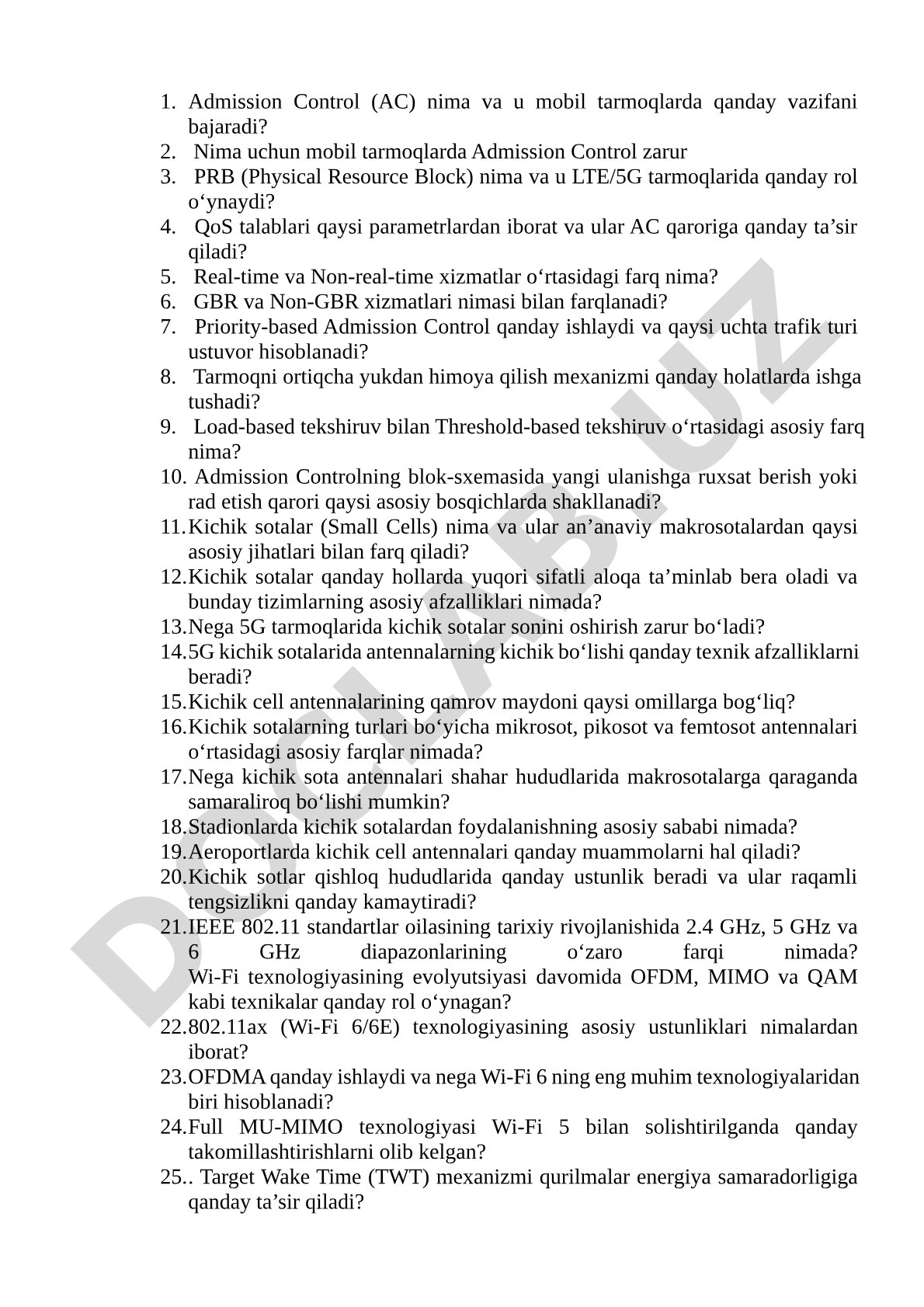 Mobil tarmoqlarda Admission Control va 5G kichik sotalar
