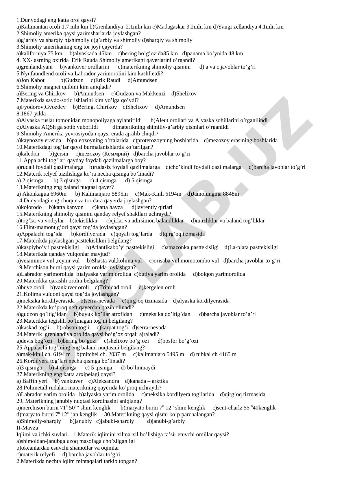 Shimoliy Amerika geografiyasi bo'yicha test savollari