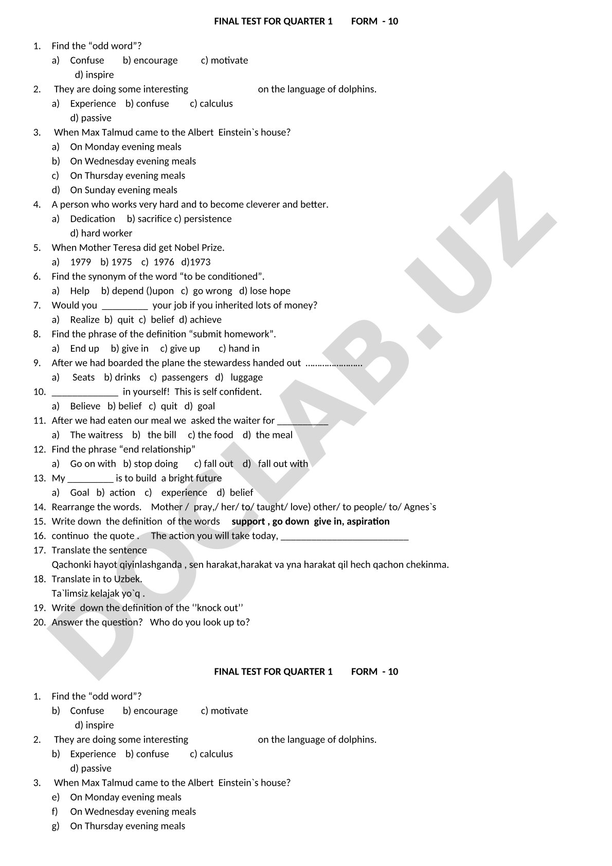 FINAL TEST FOR QUARTER 1 FORM - 10