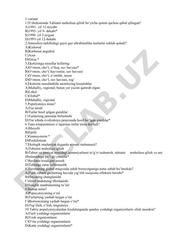 Ekologiya va tabiatni muhofaza qilish test savollari
