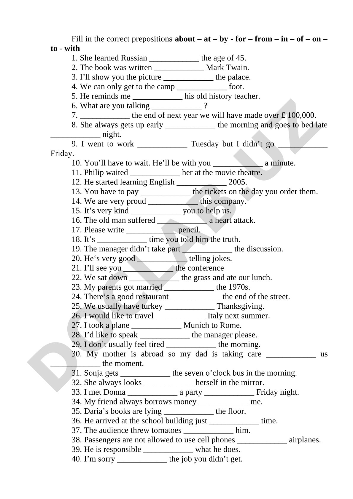 English Prepositions Fill-in Exercise