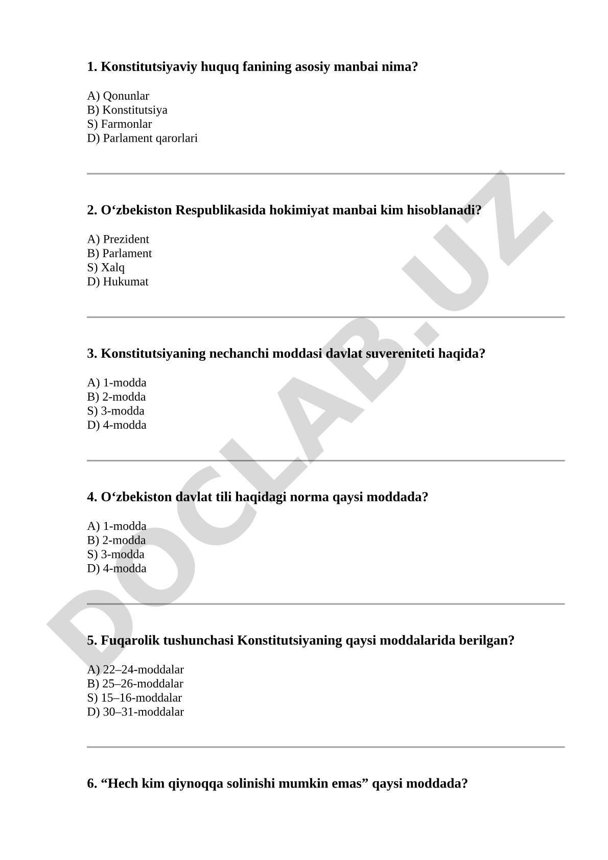 Konstitutsiyaviy huquq fanidan test savollari