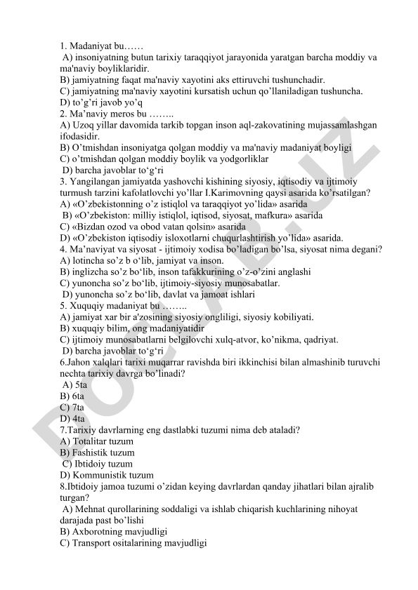 Madaniyat, ma'naviy meros va siyosat haqida test savollari