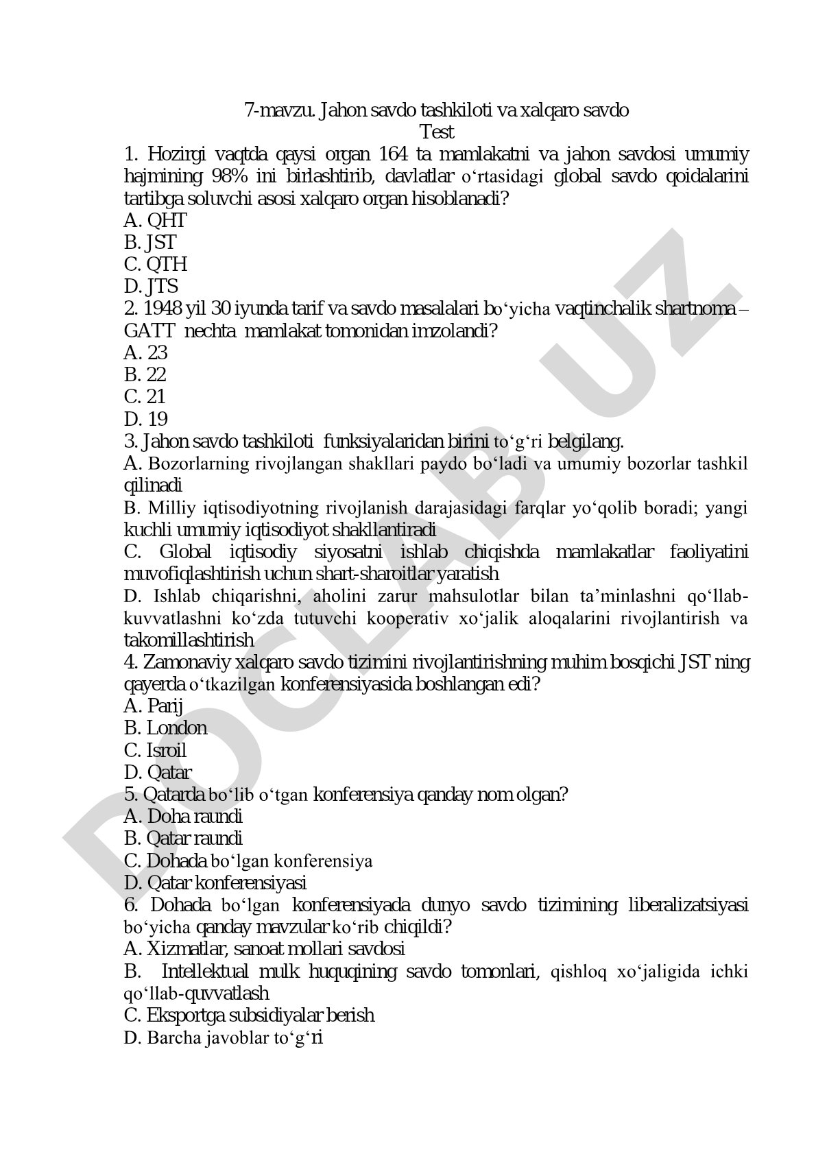 7-mavzu. Jahon savdo tashkiloti va xalqaro savdo
