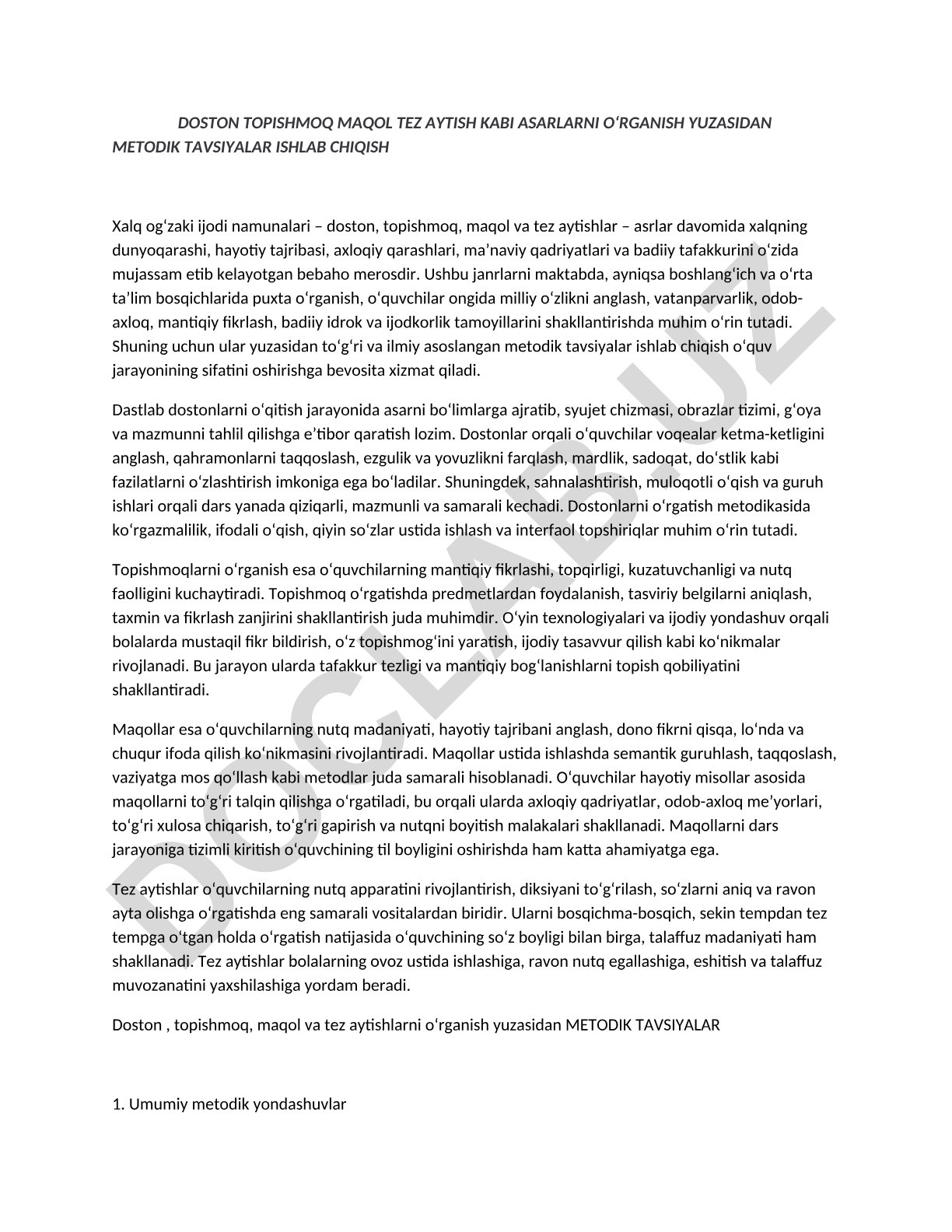 Doston, topishmoq, maqol va tez aytishlarni o‘rganish metodikasi
