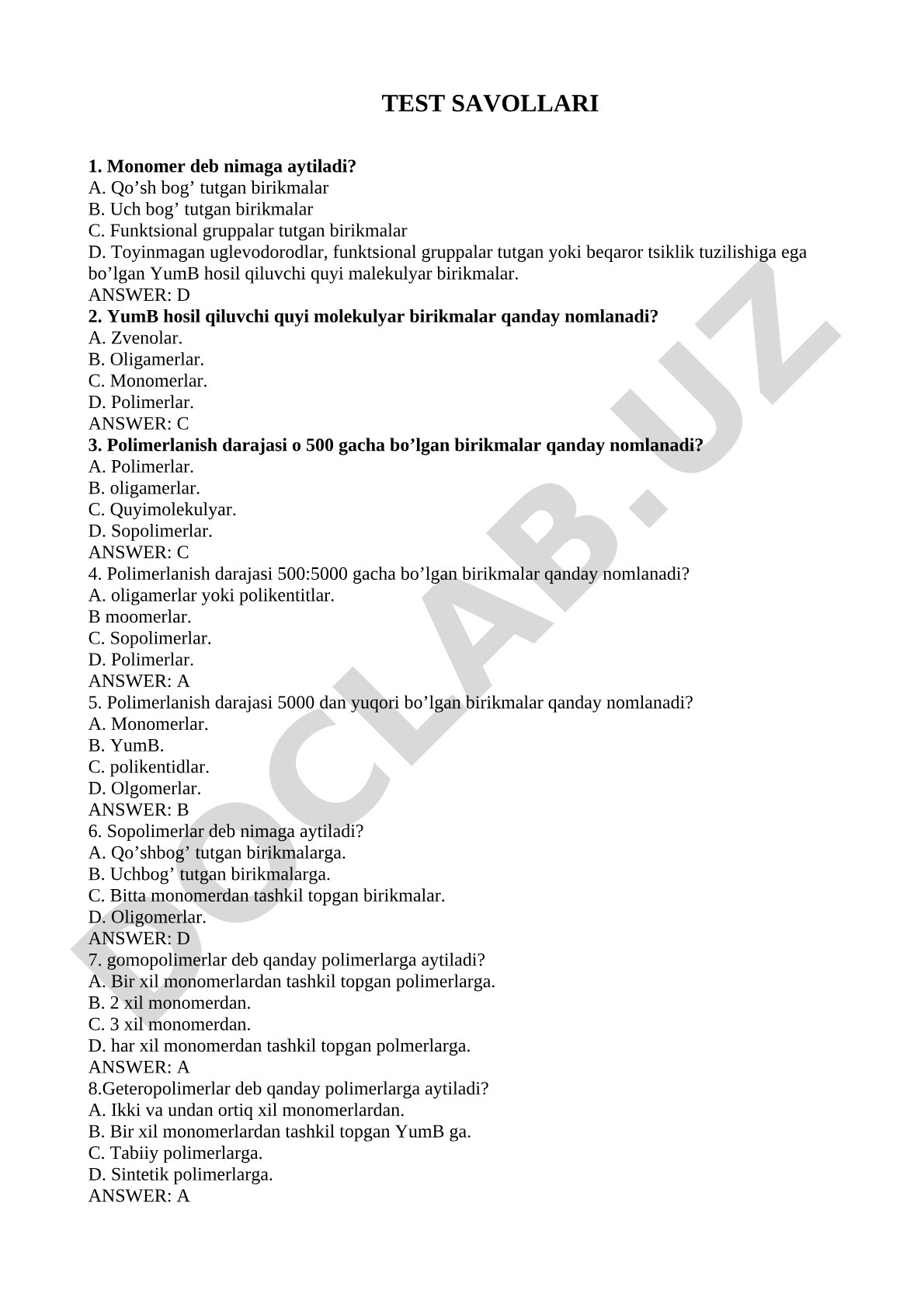 Polimerlar kimyosidan test savollari