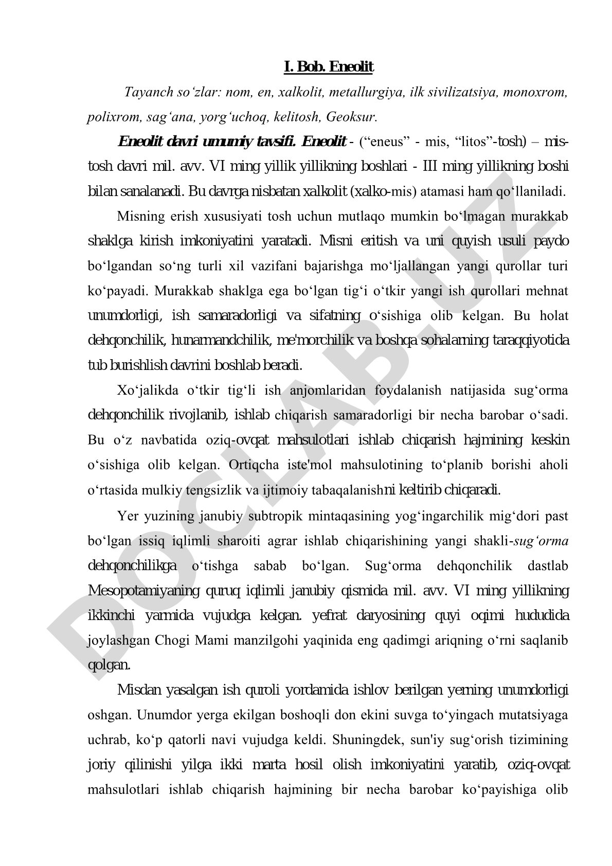 Eneolit Tayanch so‘zlar: nom, en, xalkolit, metallurgiya, ilk sivilizatsiya, monoxrom, polixrom, sag