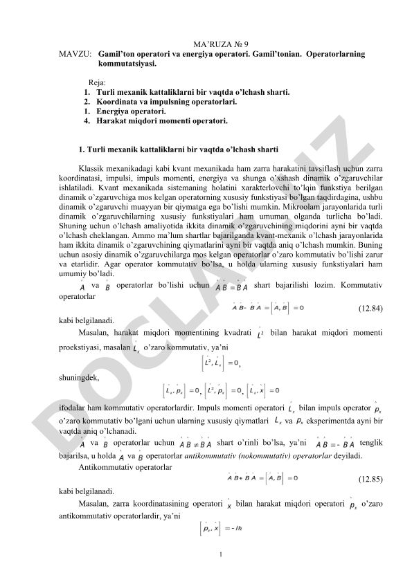 Gamil’ton operatori va energiya operatori