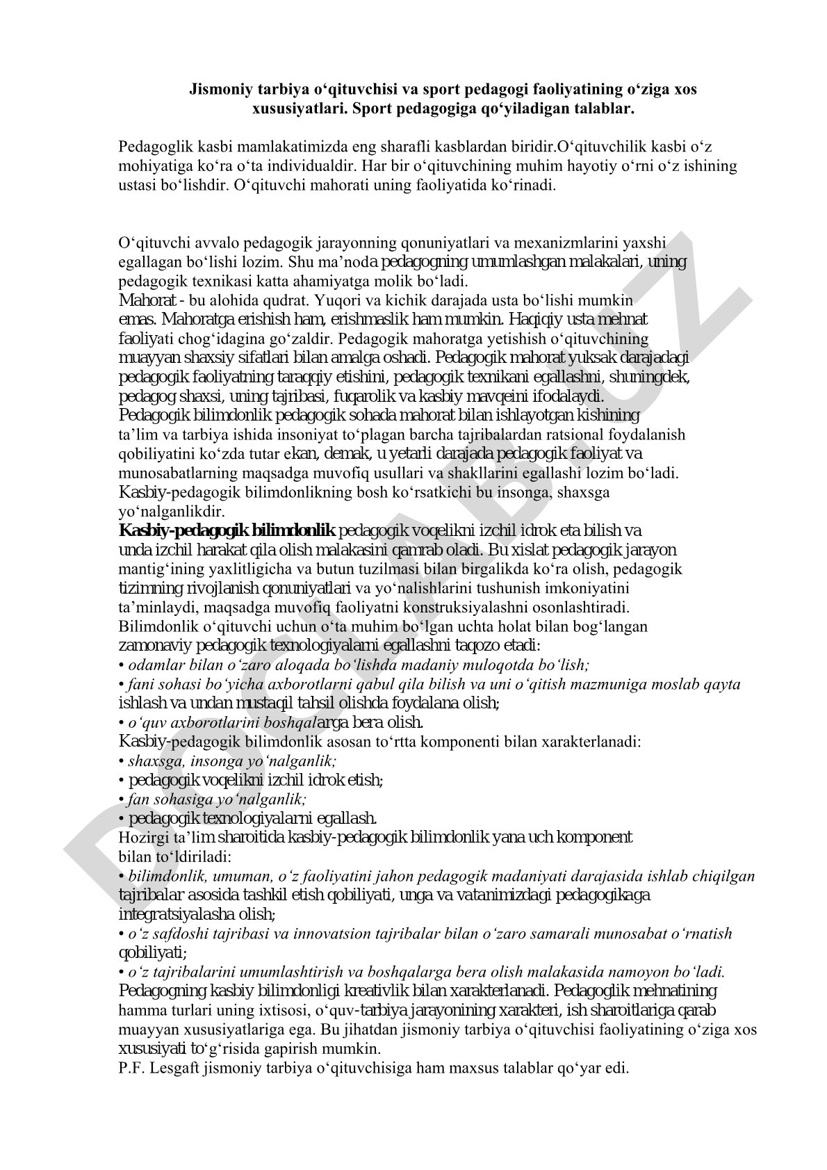 Jismoniy tarbiya o'qituvchisi va sport pedagogi faoliyatining xususiyatlari