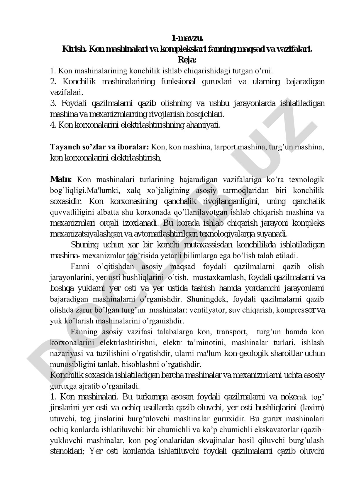 Kirish. Kon mashinalari va komplekslari fanning maqsad va vazifalari.