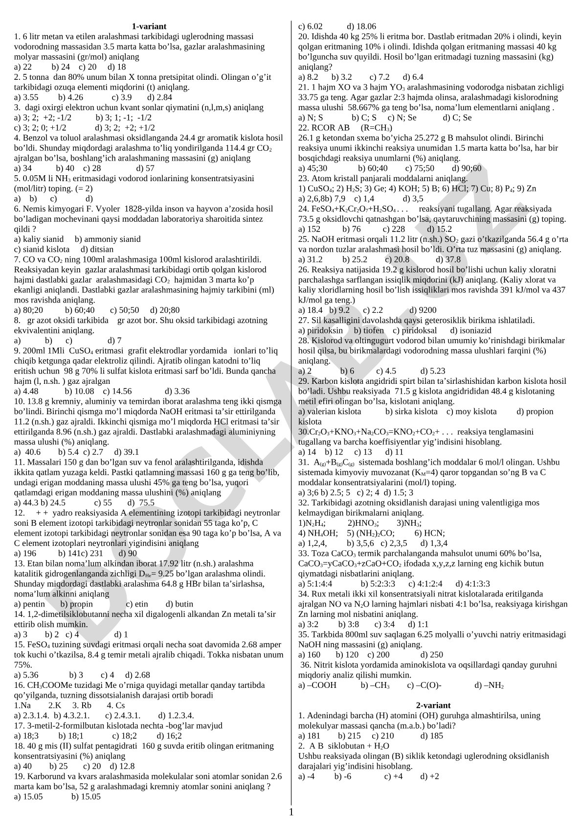 Kimyodan 1-variant test savollari