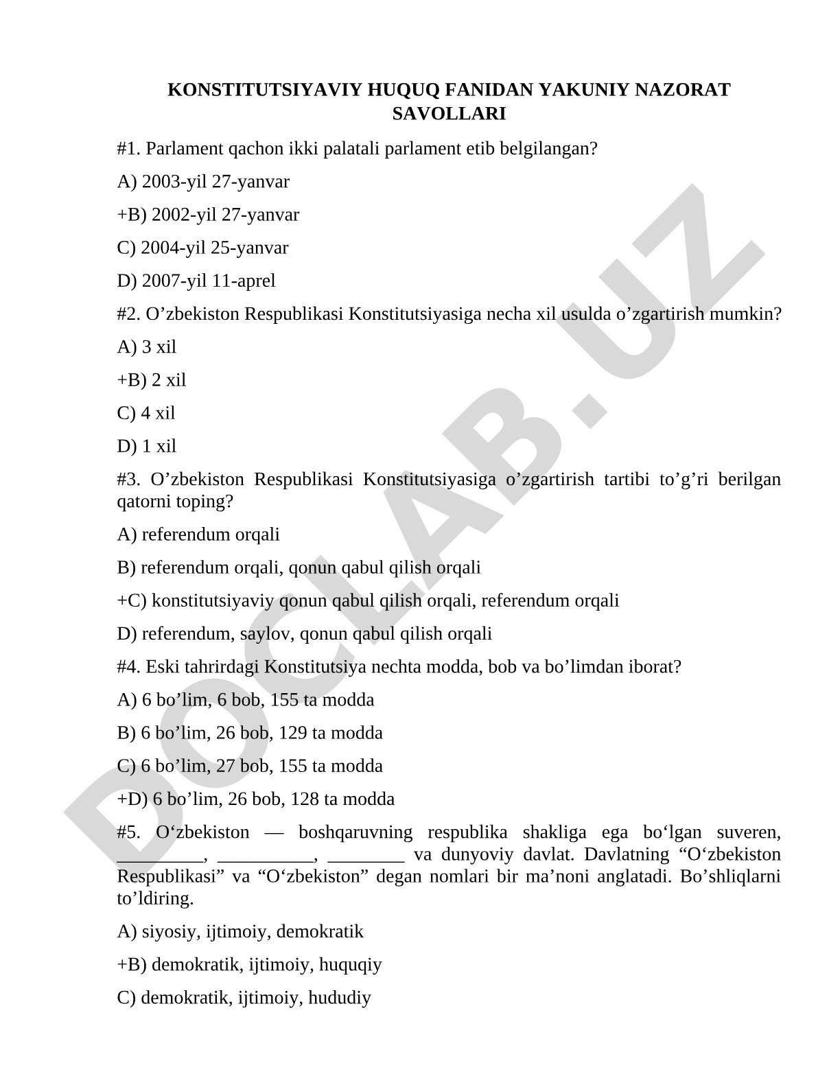 Konstitutsiyaviy huquq fanidan yakuniy nazorat savollari