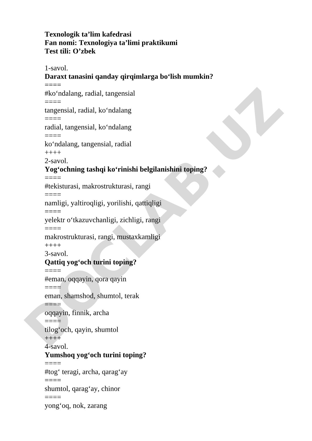 Texnologiya ta’limi praktikumi test savollari