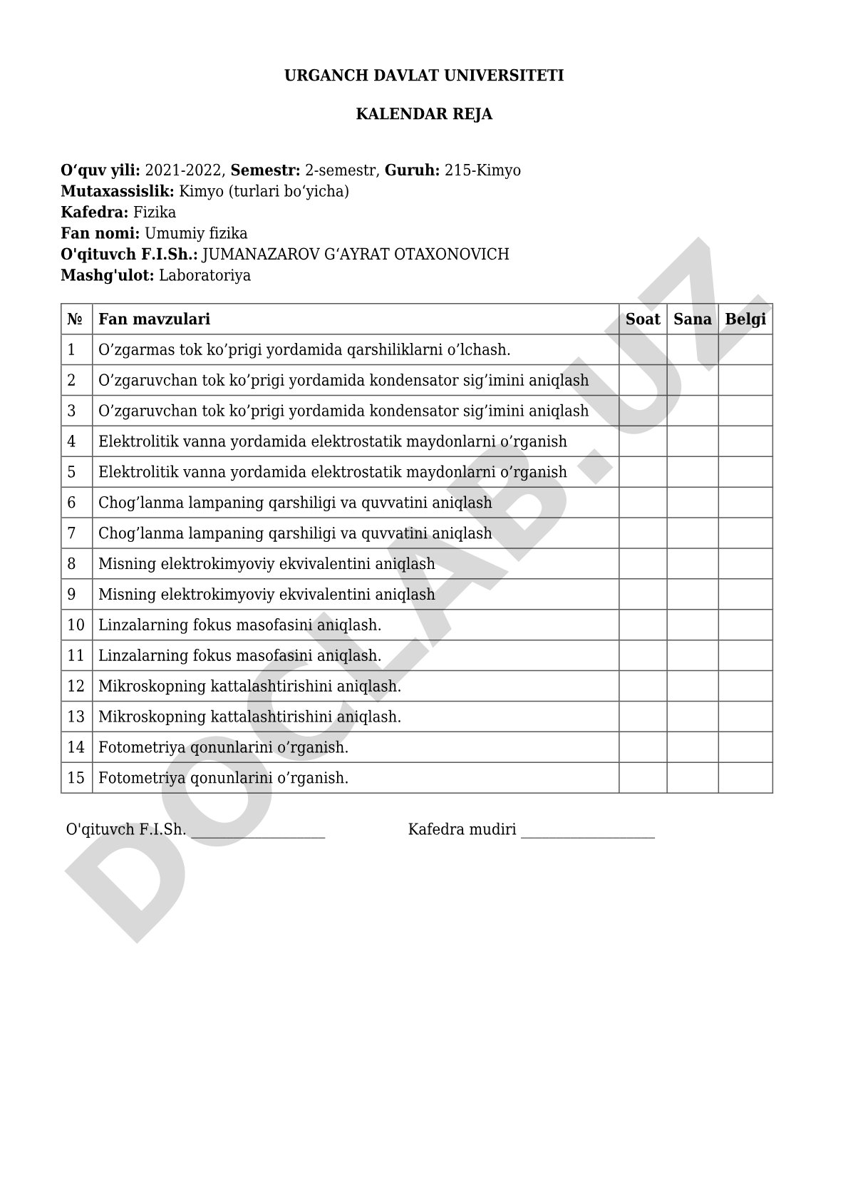 Umumiy fizika laboratoriya mashg'ulotlari kalendar rejasi