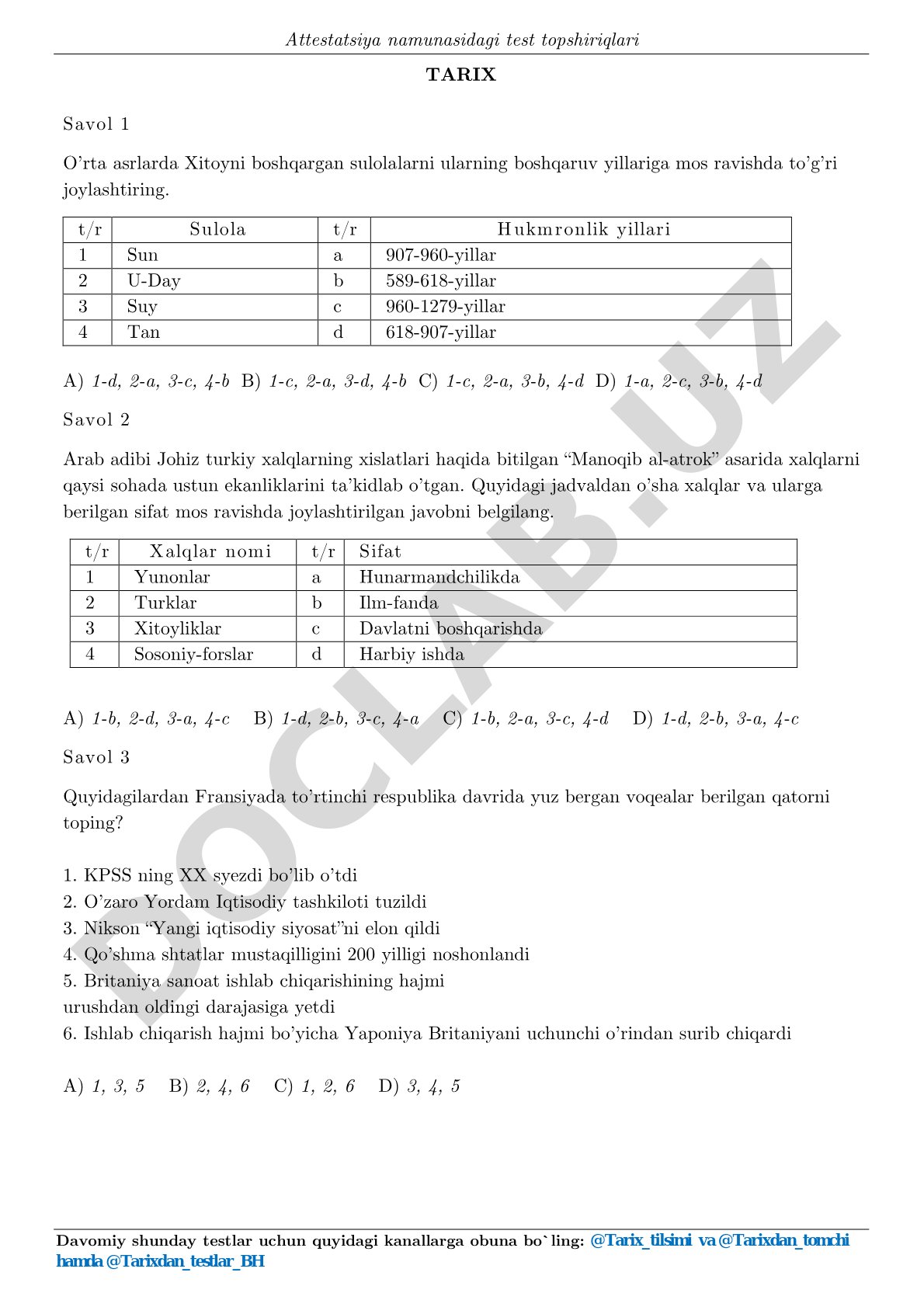 Tarix fanidan attestatsiya test topshiriqlari