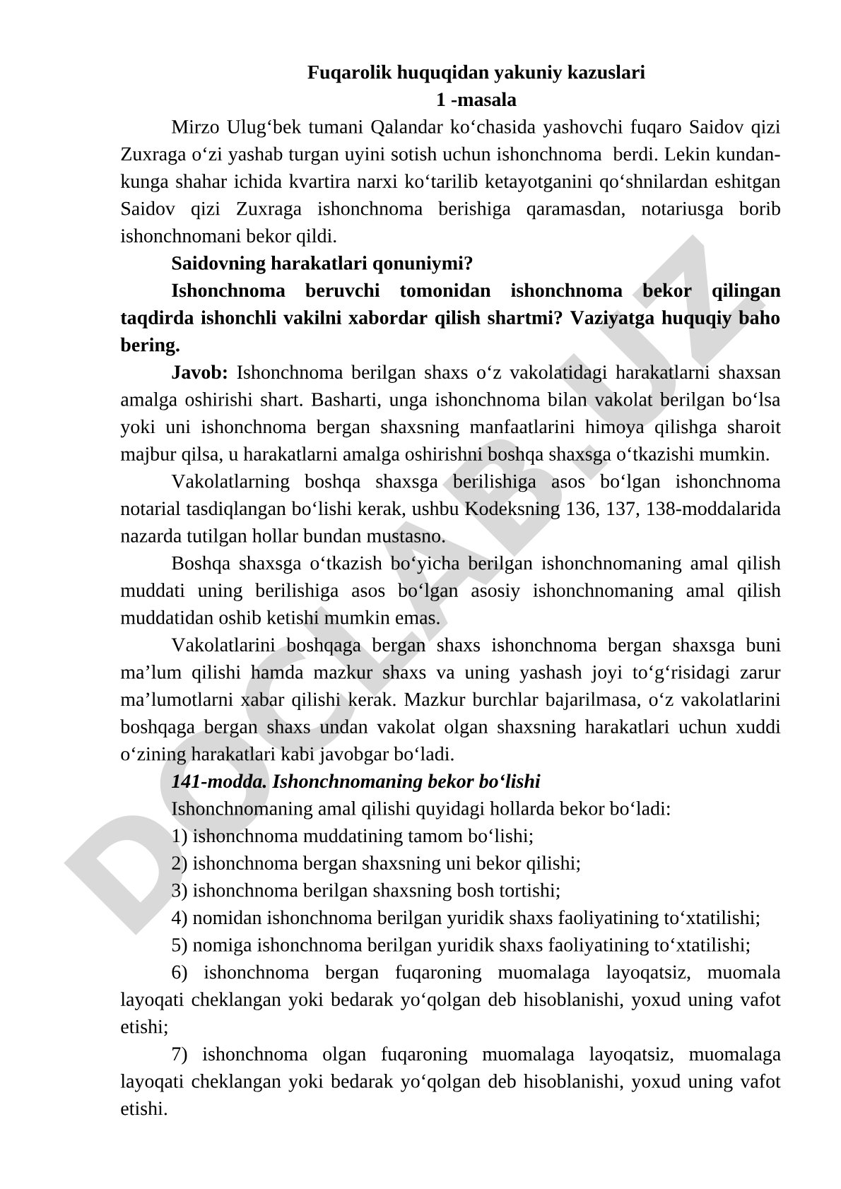 Fuqarolik huquqida ishonchnoma bekor qilish kazusi