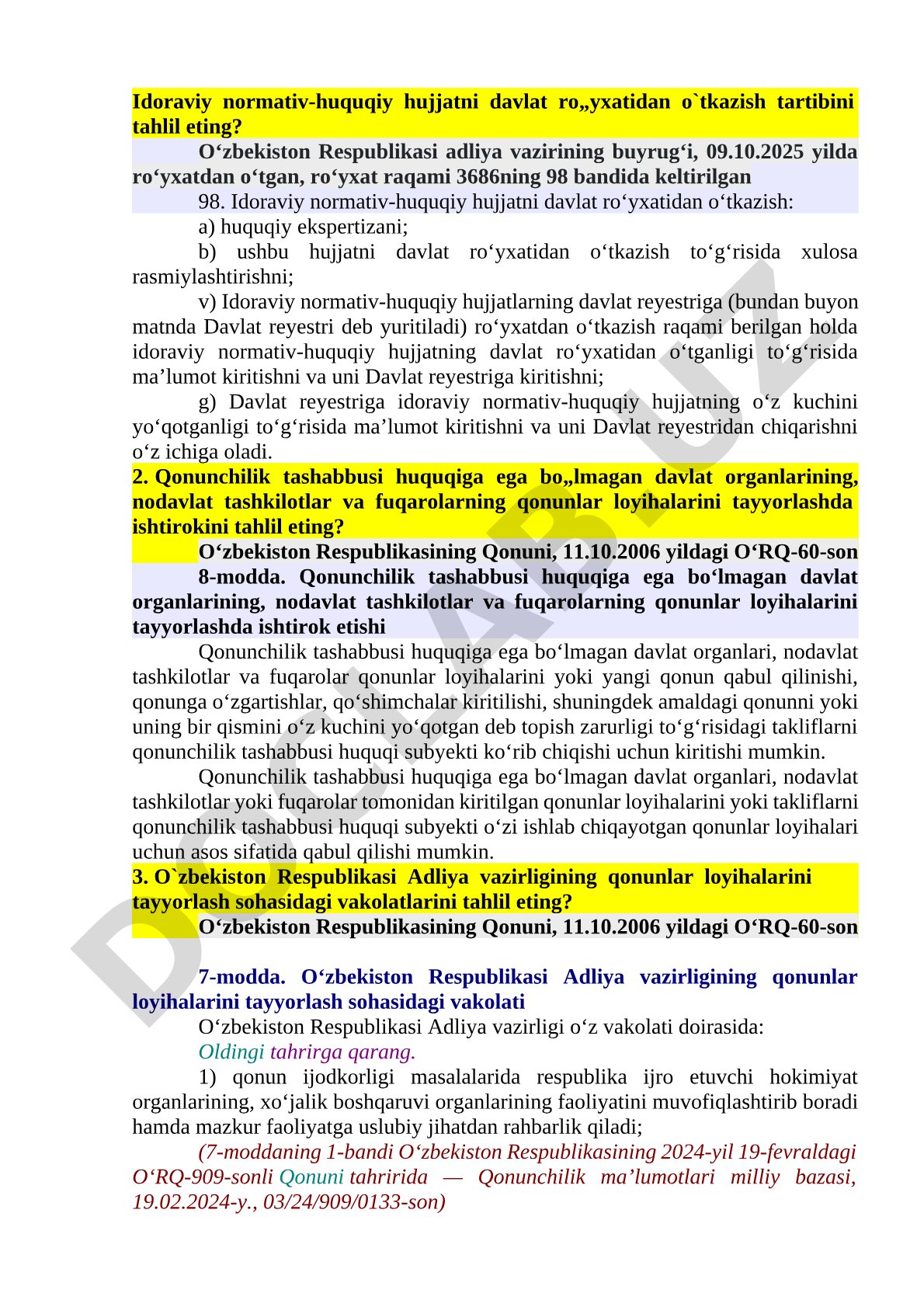 Idoraviy normativ-huquqiy aktlarni ro'yxatga olish va qonunchilik tashabbusi tahlili
