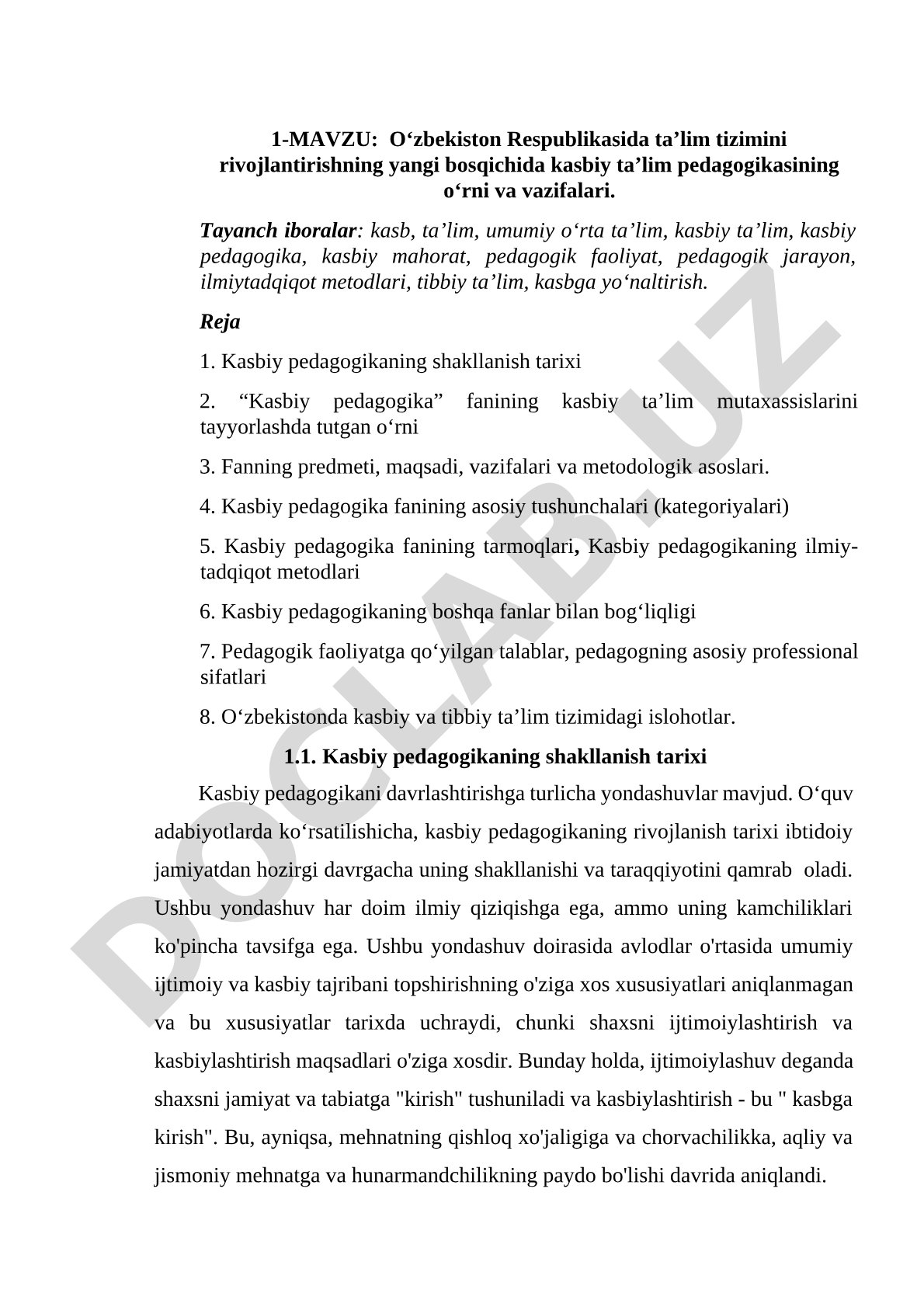 O‘zbekiston Respublikasida ta’lim tizimini rivojlantirishning yangi bosqichida kasbiy ta’lim pedagogikasining o‘rni va vazifalari