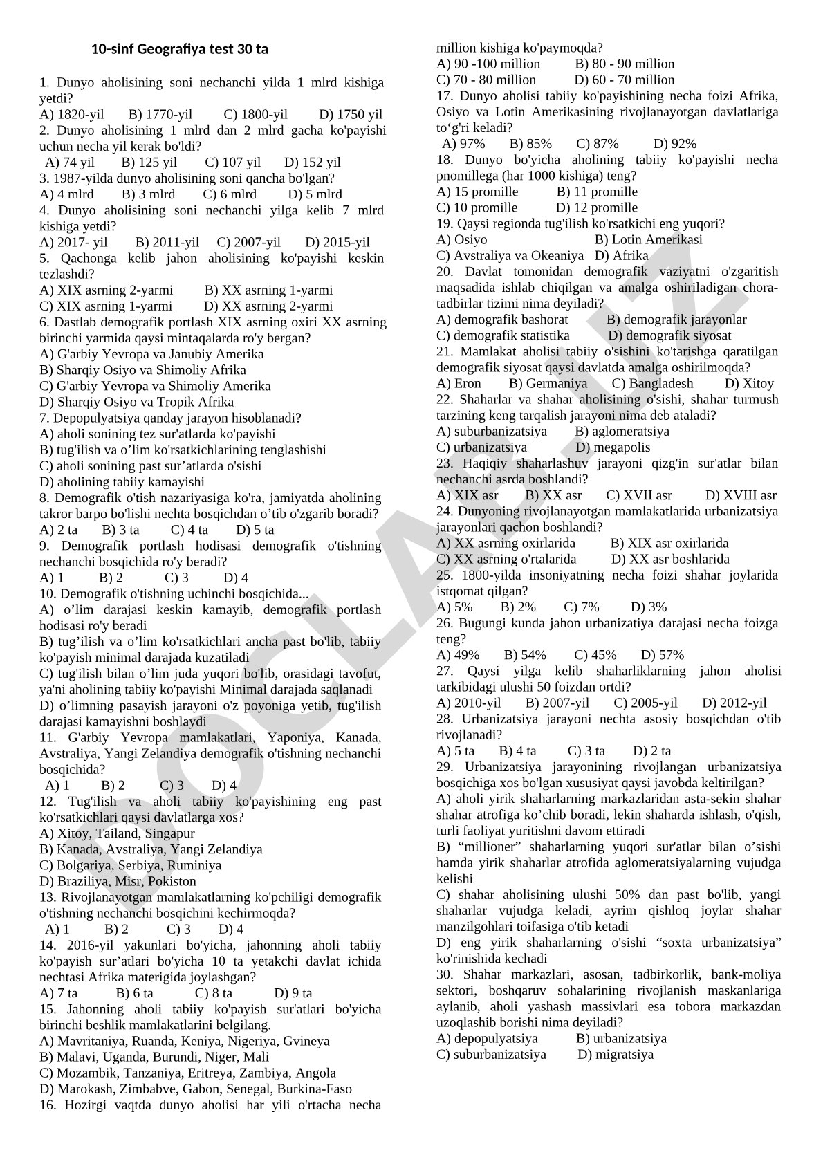 Dunyo aholisi va demografik jarayonlar