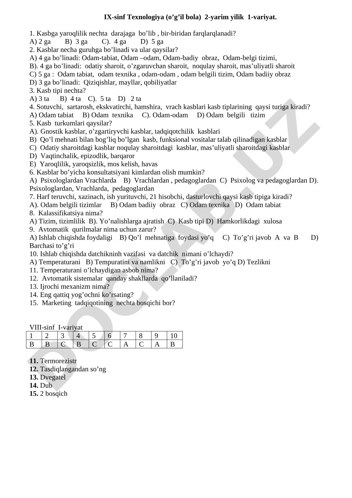 IX-sinf Texnologiya (o’g’il bola) 2-yarim yilik 1-variyat