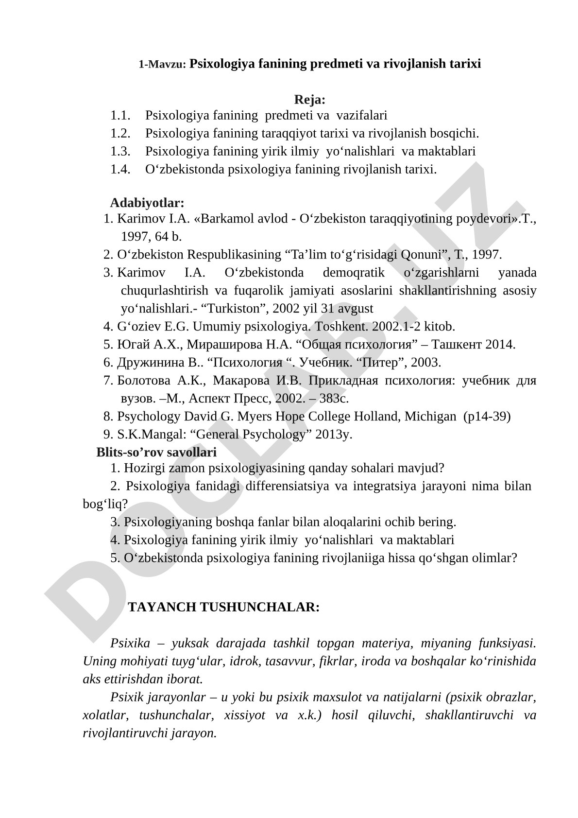 Psixologiya fanining predmeti va rivojlanish tarixi