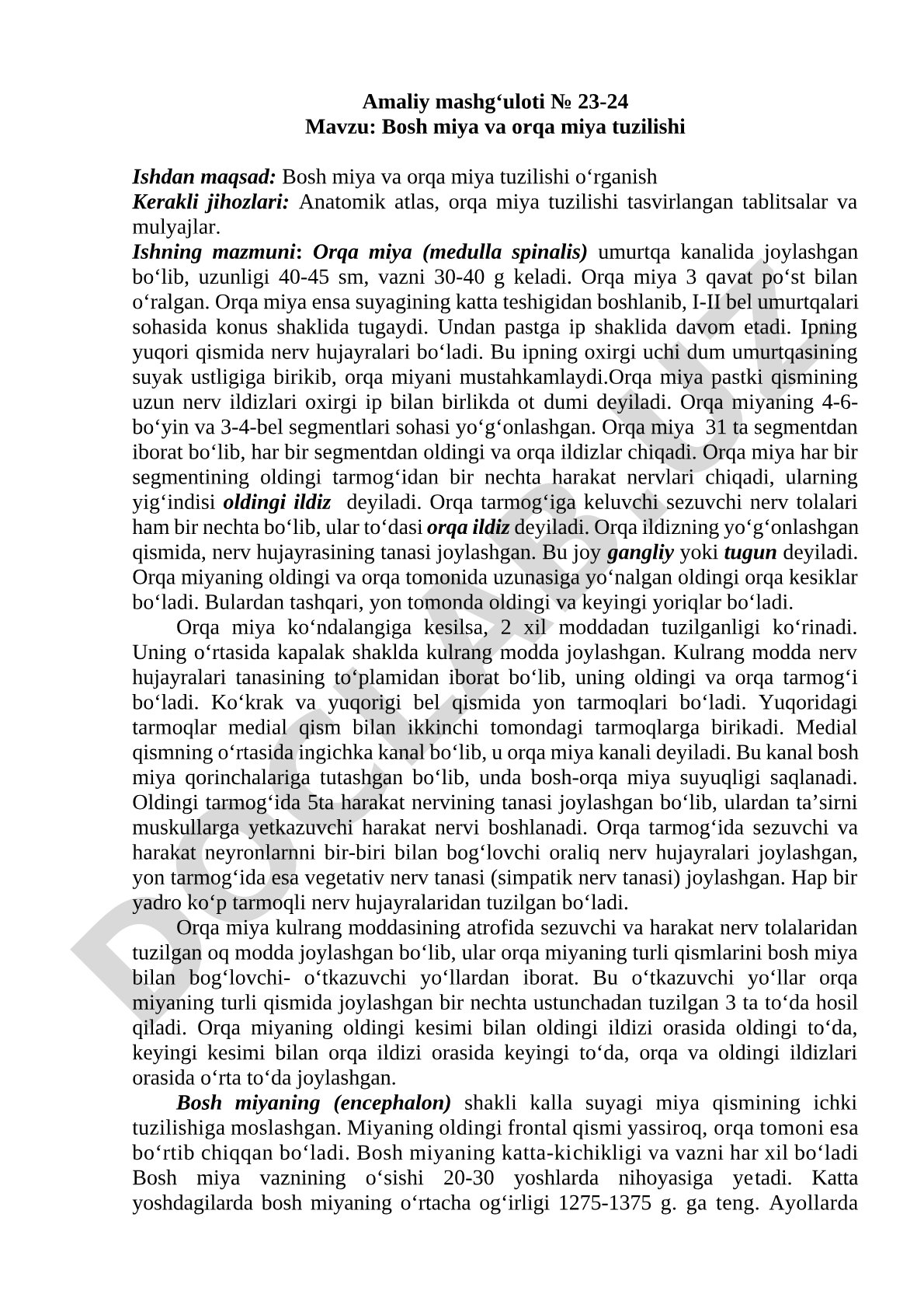Bosh miya va orqa miya tuzilishi