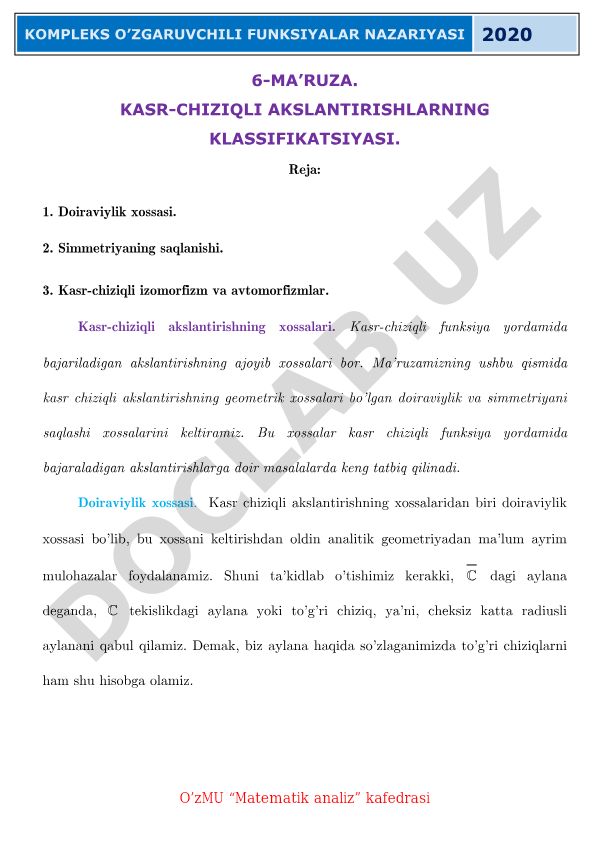 Kasr-chiziqli akslantirishlarning klassifikatsiyasi va geometrik xossalari