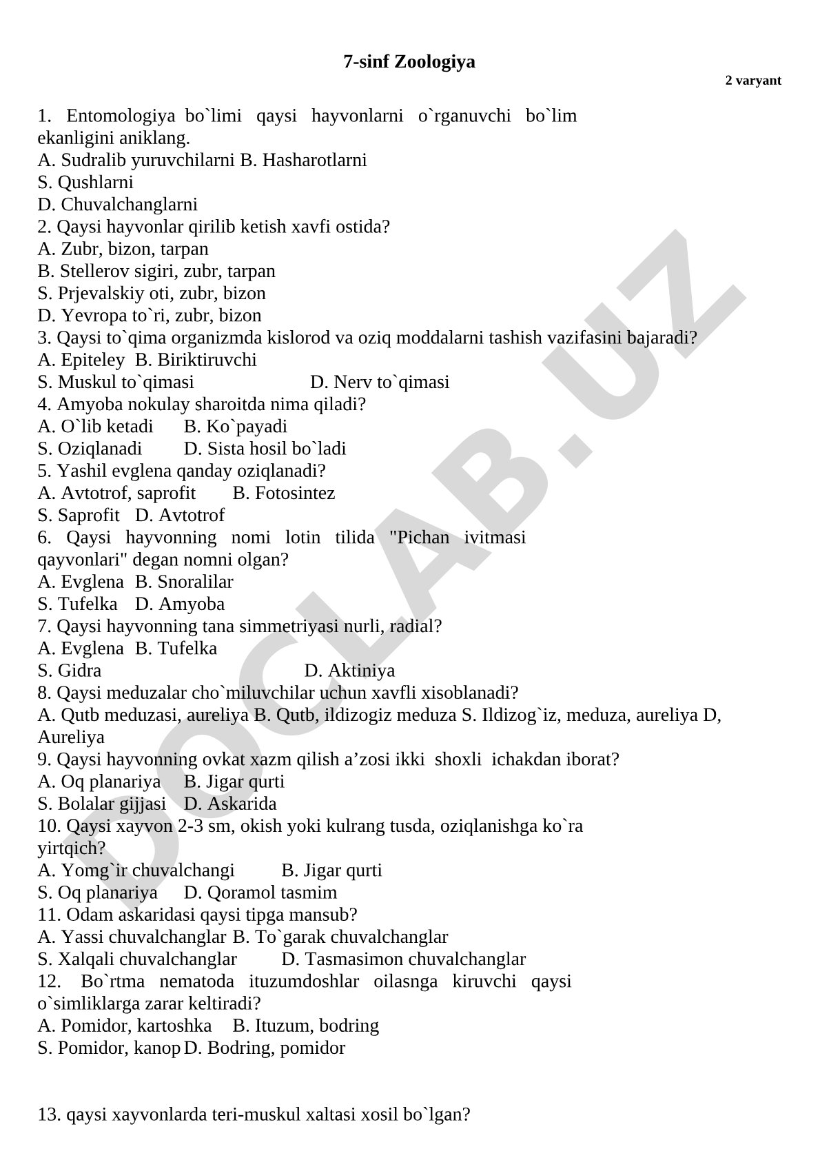 Zoologiya 7-sinf 2-variant test savollari