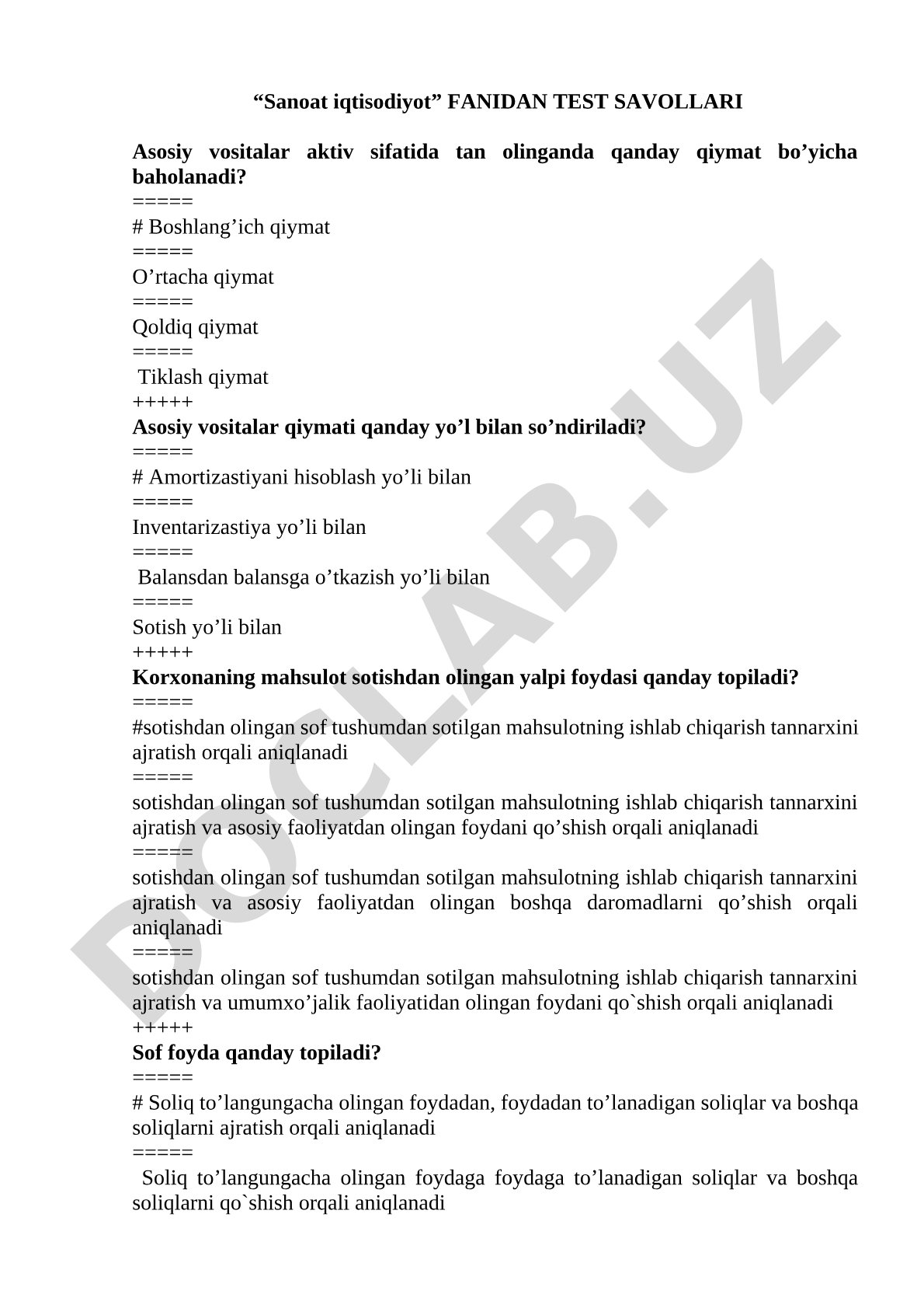 Sanoat iqtisodiyot fanidan test savollari